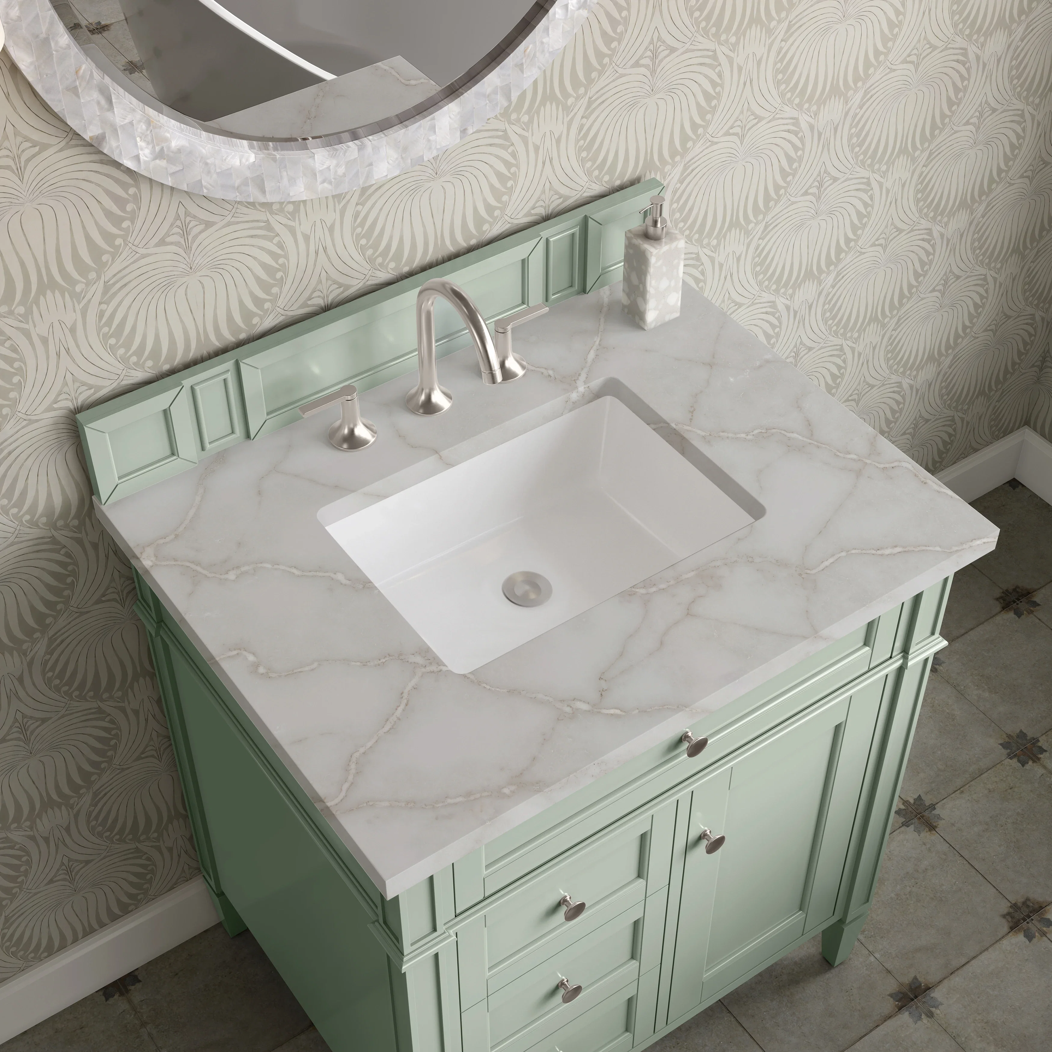 Brittany 30" Single Vanity, Sage Green, w/ 3 CM Victorian Silver Silestone Top