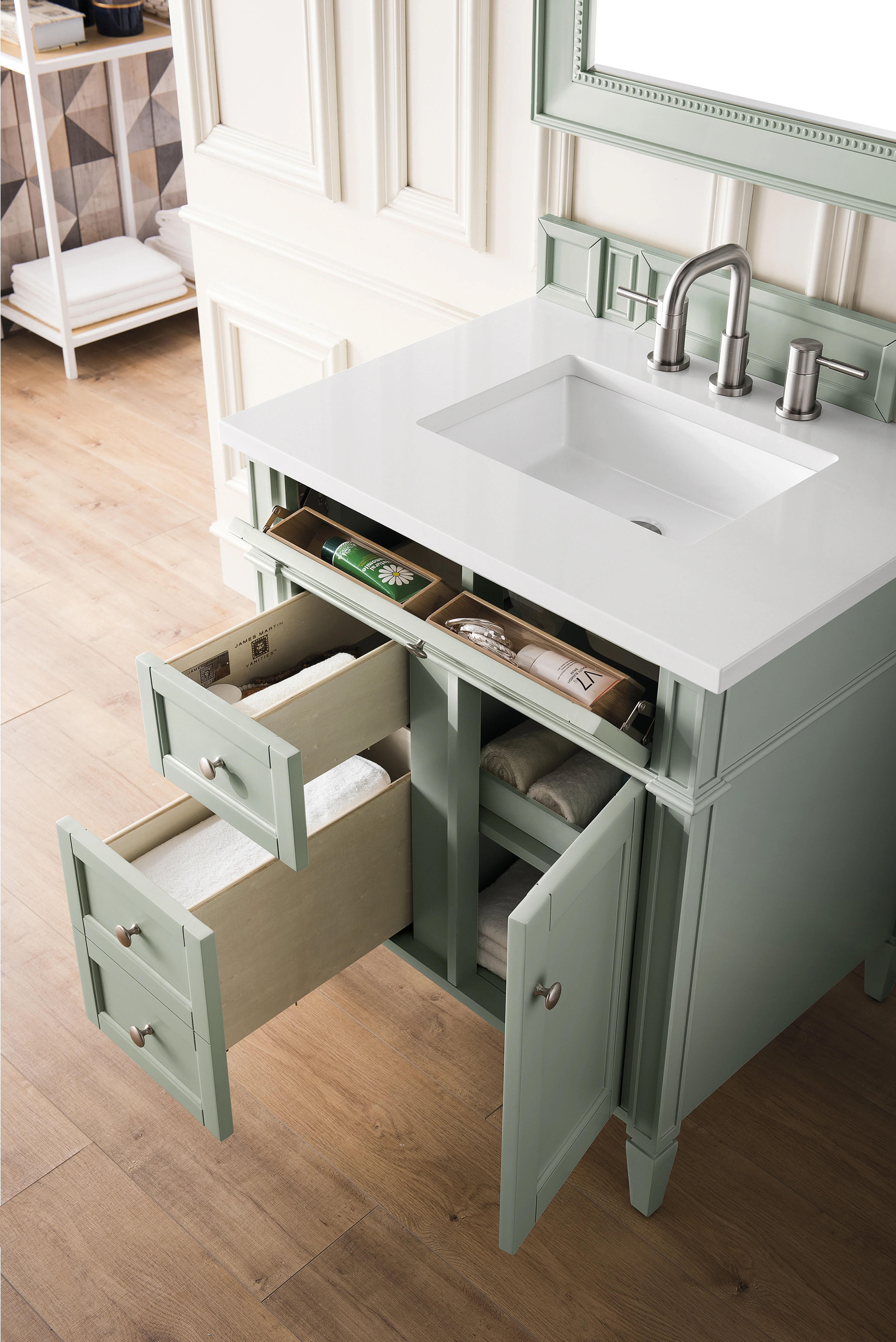 Brittany 30" Single Vanity, Sage Green, w/ 3 CM White Zeus Silestone Top