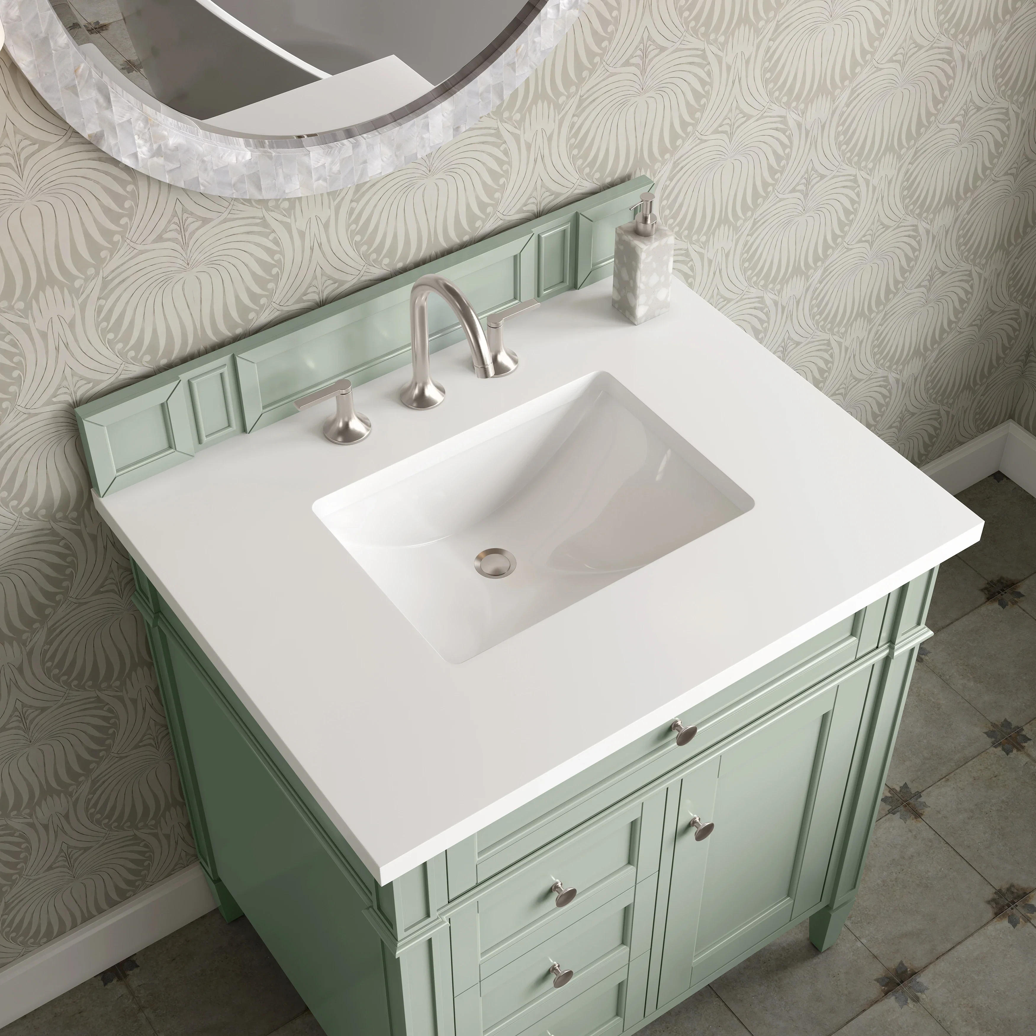 Brittany 30" Single Vanity, Sage Green, w/ 3 CM White Zeus Silestone Top