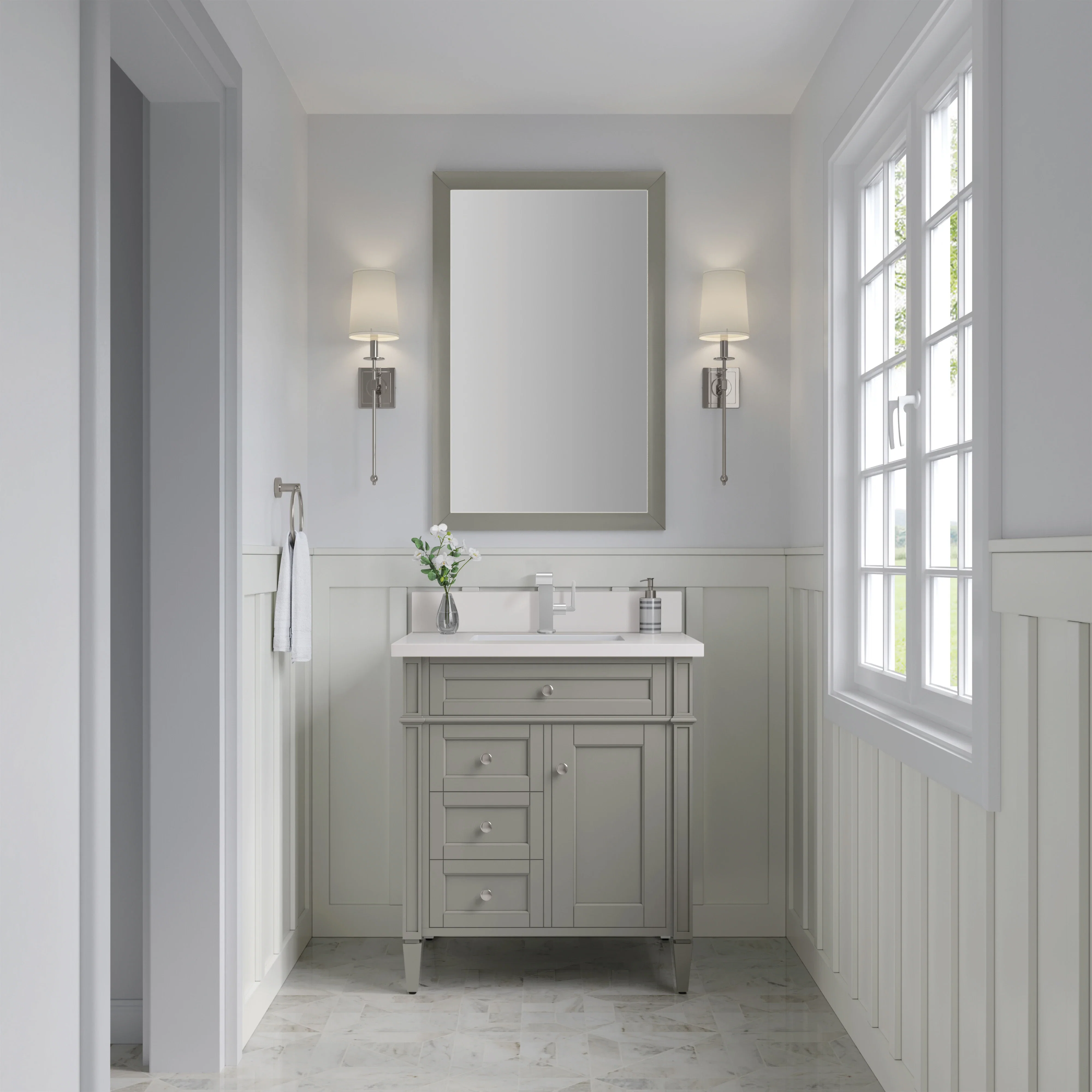 Brittany 30" Single Vanity, Urban Gray, w/ Single Hole 3 CM White Zeus Silestone Top & Backsplash