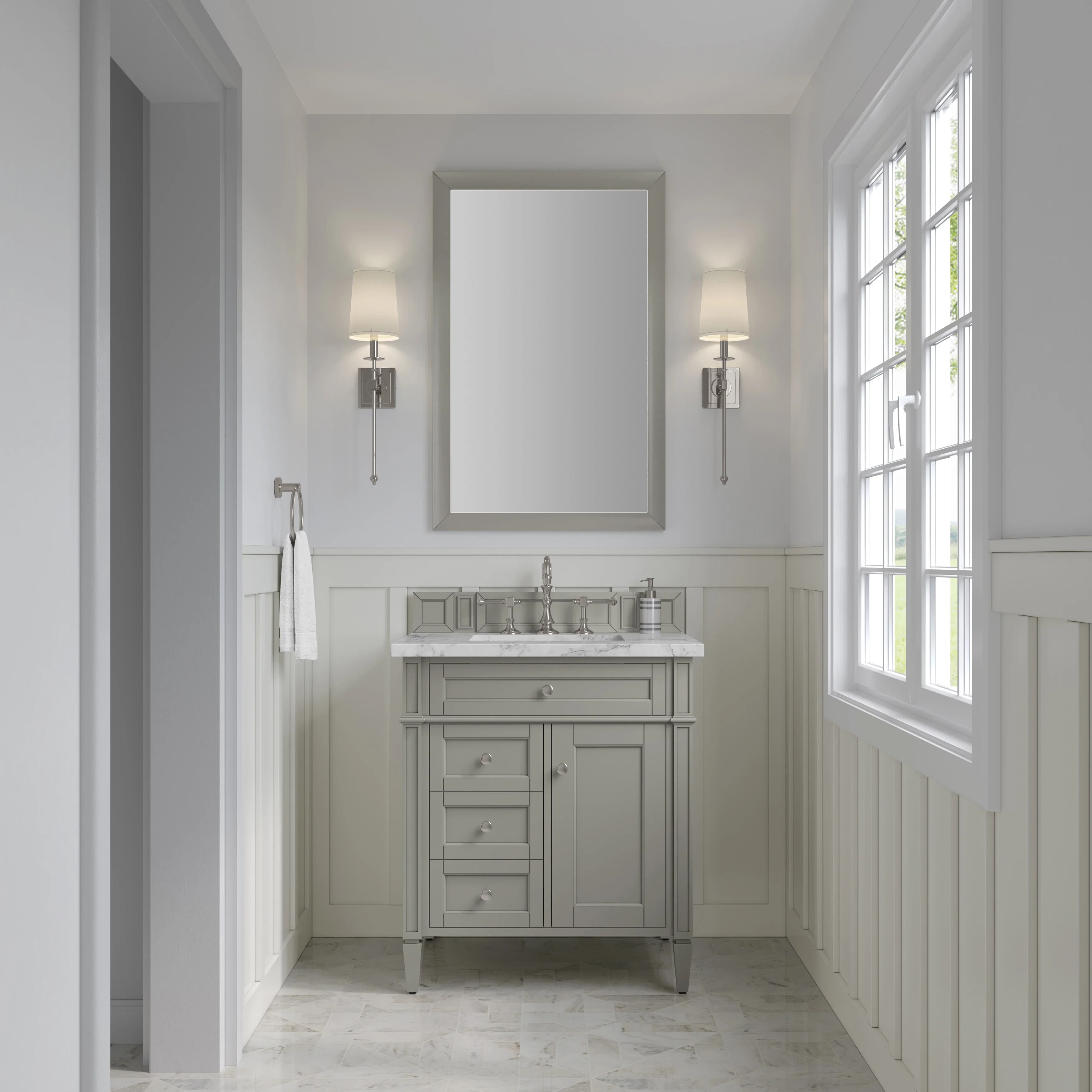 Brittany 30" Single Vanity, Urban Gray w/ 3 CM Carrara Marble Top