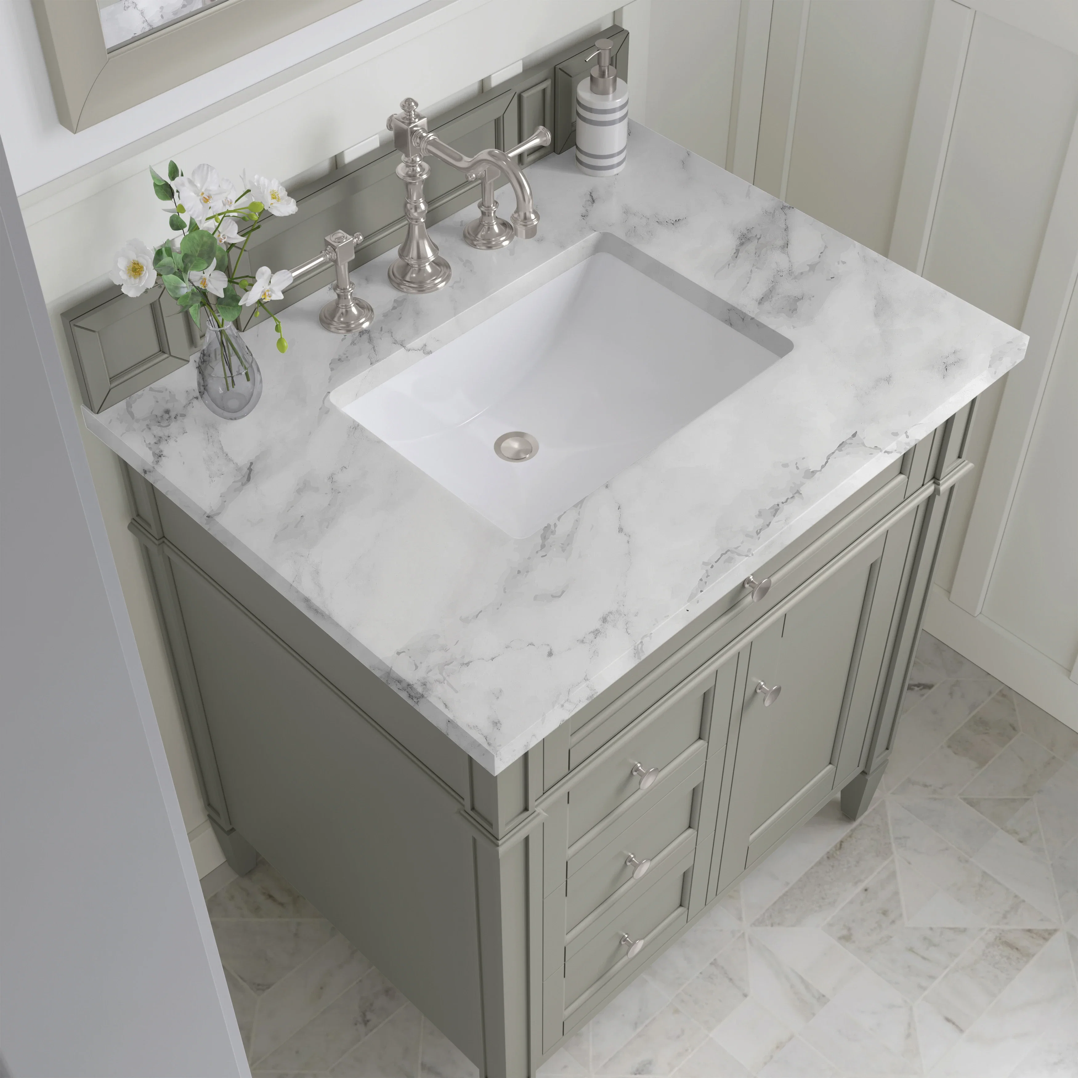 Brittany 30" Single Vanity, Urban Gray w/ 3 CM Carrara Marble Top