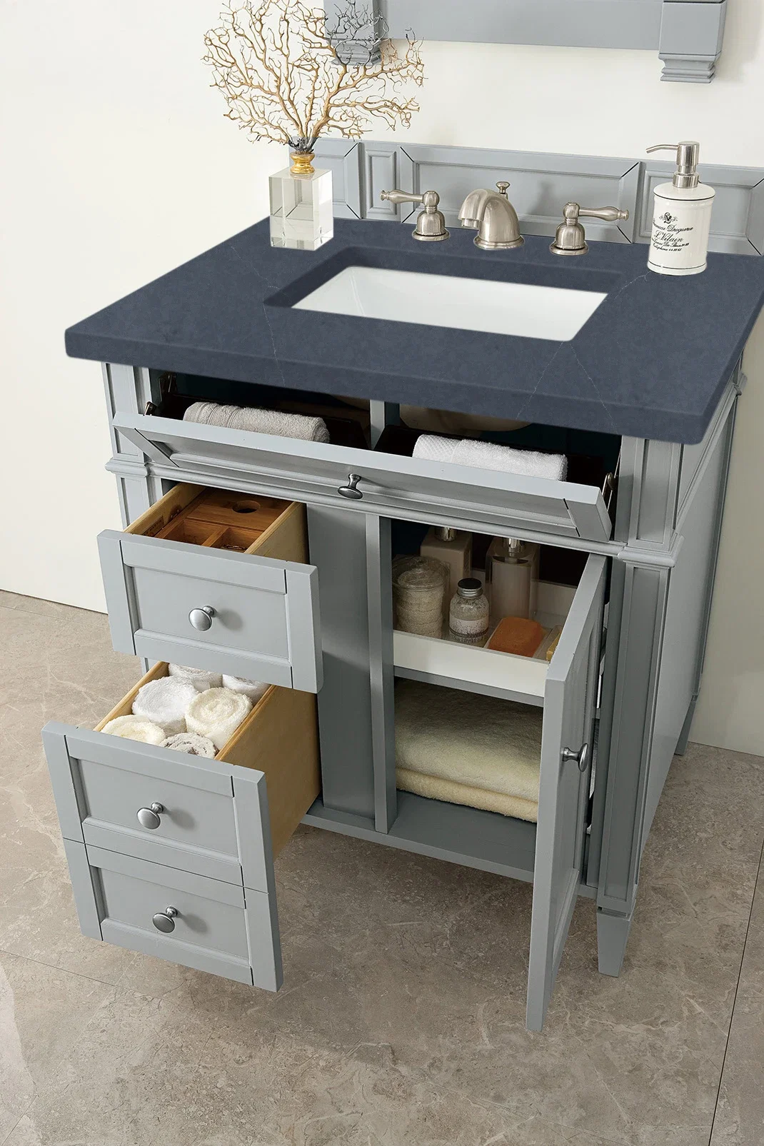 Brittany 30" Single Vanity, Urban Gray, w/ 3 CM Charcoal Soapstone Silestone Top