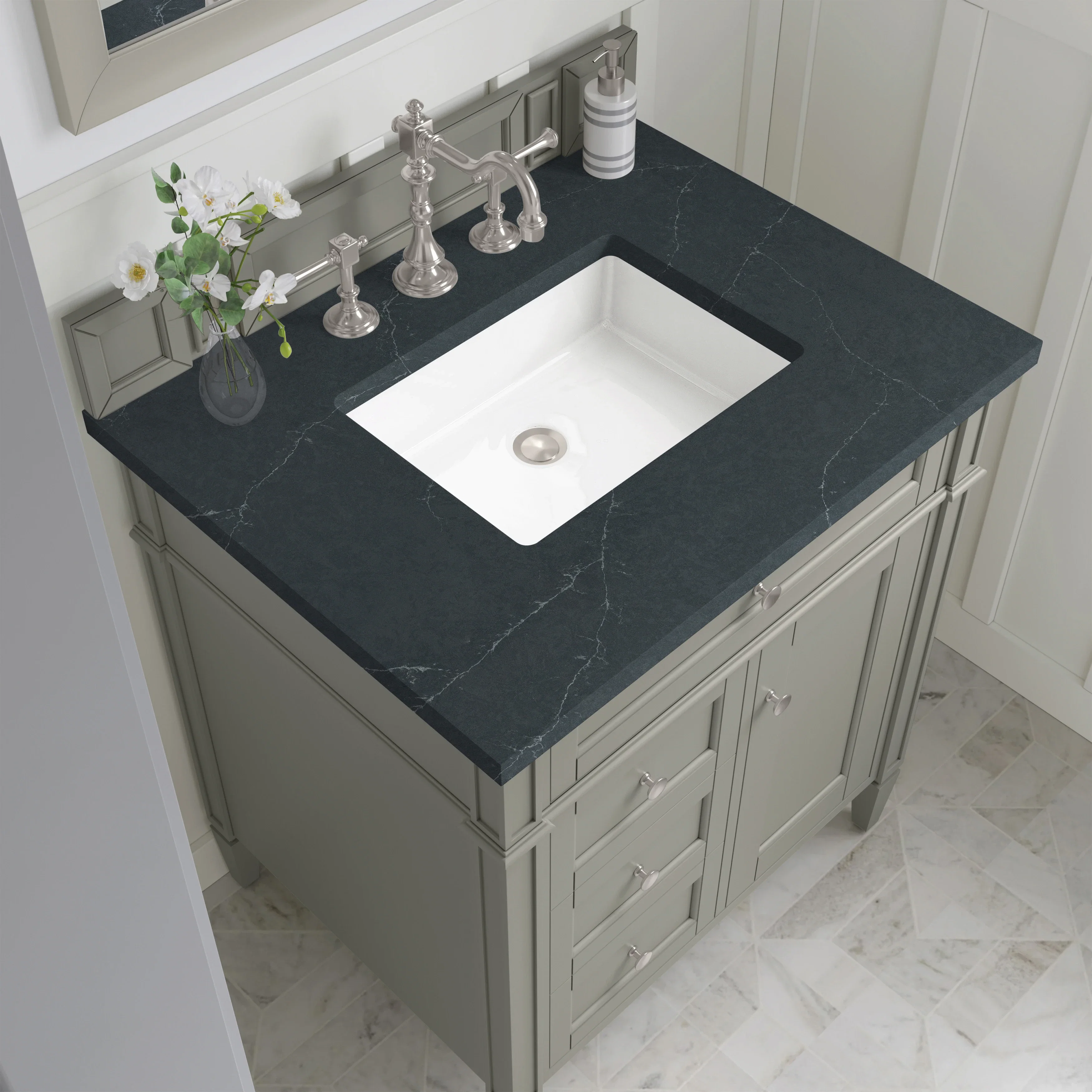 Brittany 30" Single Vanity, Urban Gray, w/ 3 CM Charcoal Soapstone Silestone Top