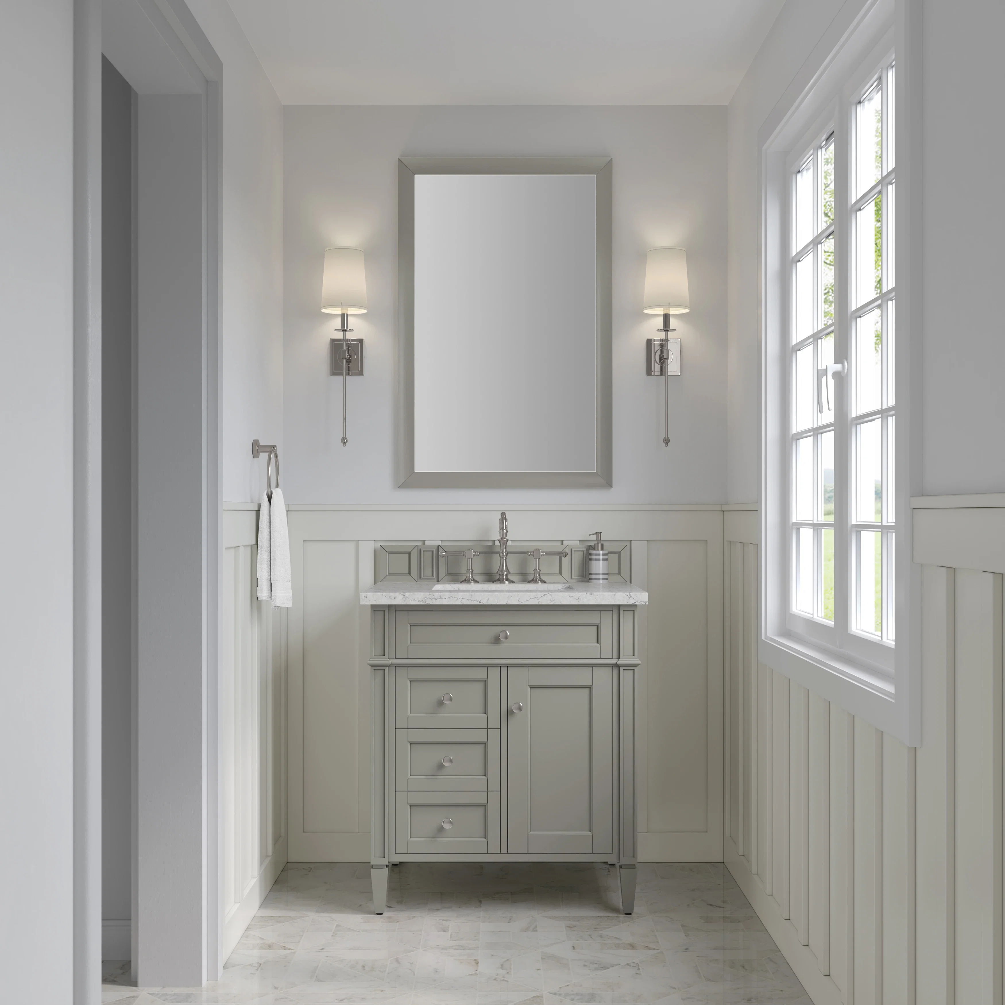 Brittany 30" Single Vanity, Urban Gray, w/ 3 CM Eternal Jasmine Pearl Silestone Top