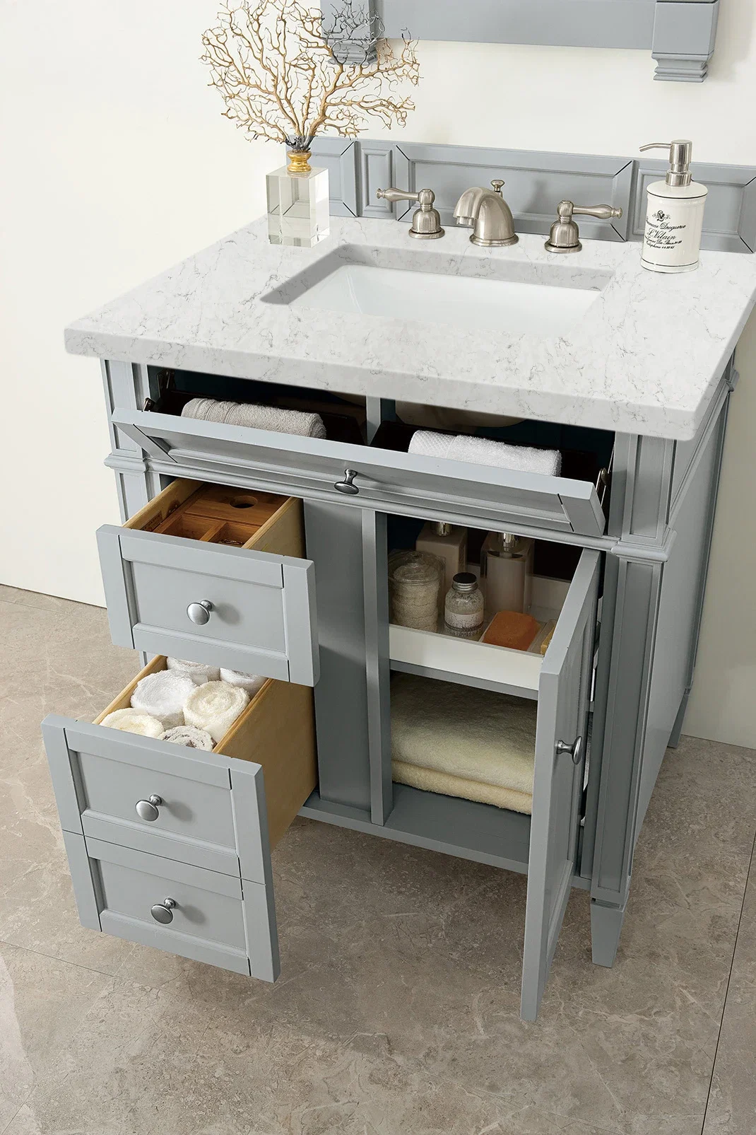 Brittany 30" Single Vanity, Urban Gray, w/ 3 CM Eternal Jasmine Pearl Silestone Top