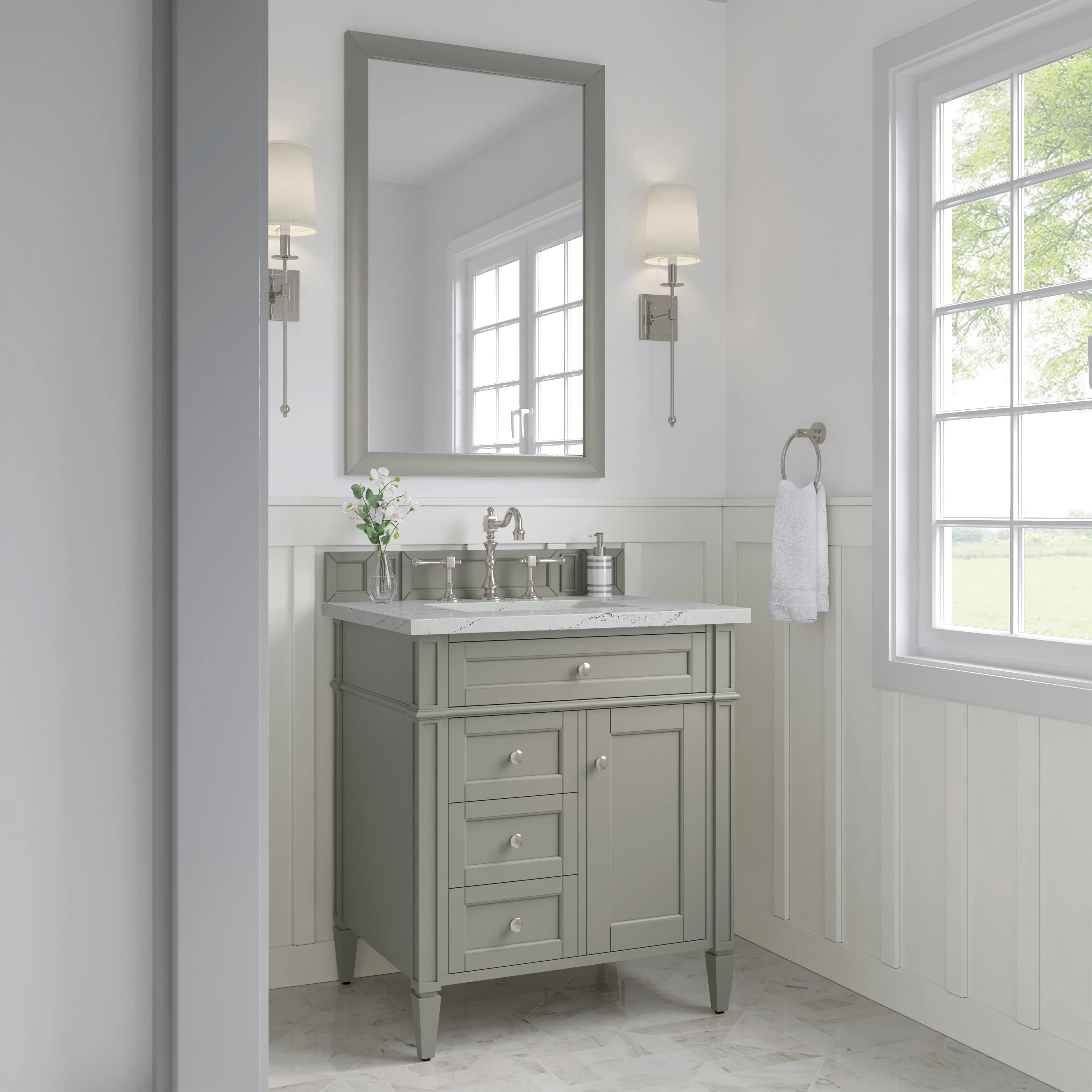 Brittany 30" Single Vanity, Urban Gray, w/ 3 CM Ethereal Noctis Silestone Top