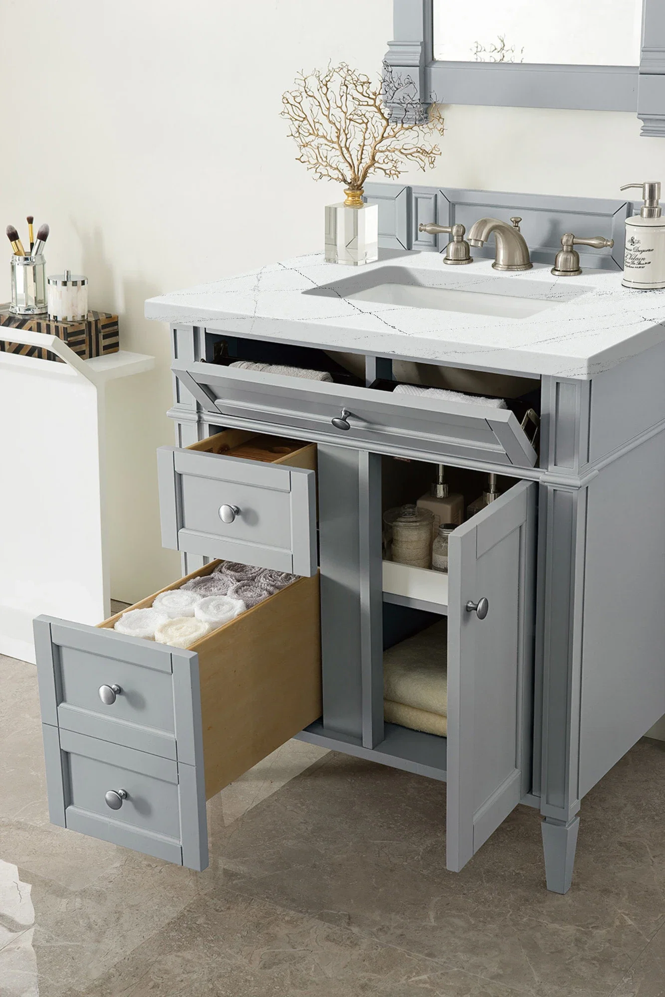 Brittany 30" Single Vanity, Urban Gray, w/ 3 CM Ethereal Noctis Silestone Top