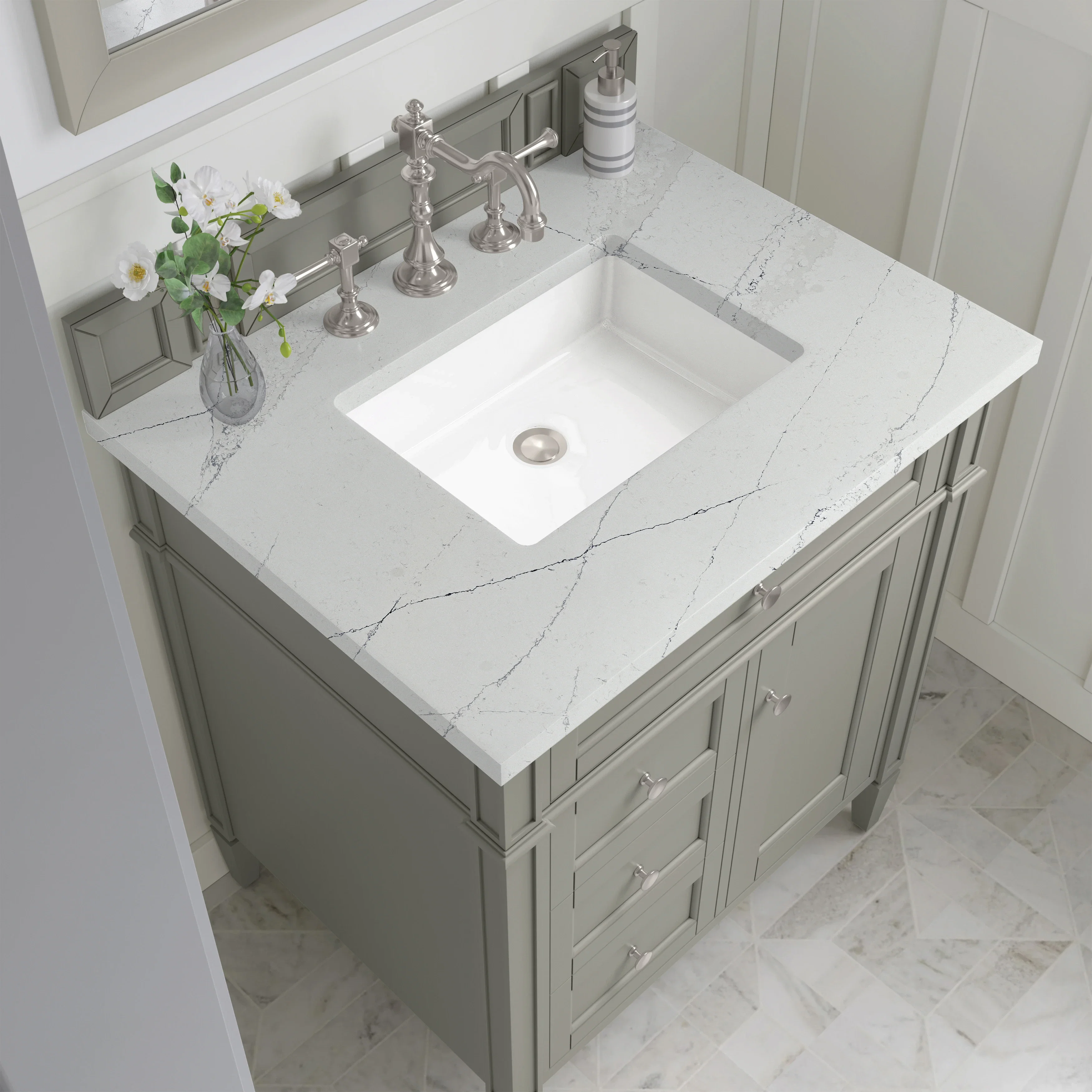 Brittany 30" Single Vanity, Urban Gray, w/ 3 CM Ethereal Noctis Silestone Top