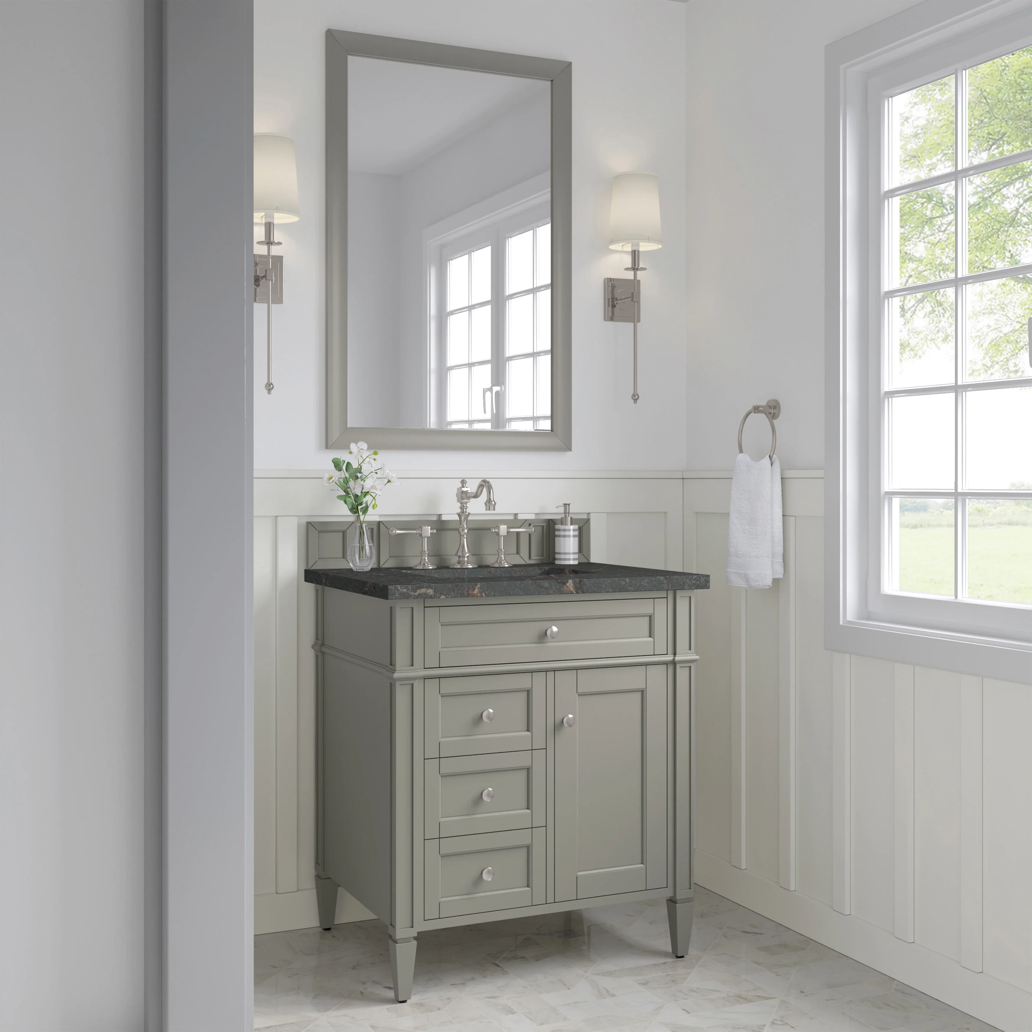 Brittany 30" Single Vanity, Urban Gray, w/ 3 CM Parisien Bleu Silestone Top