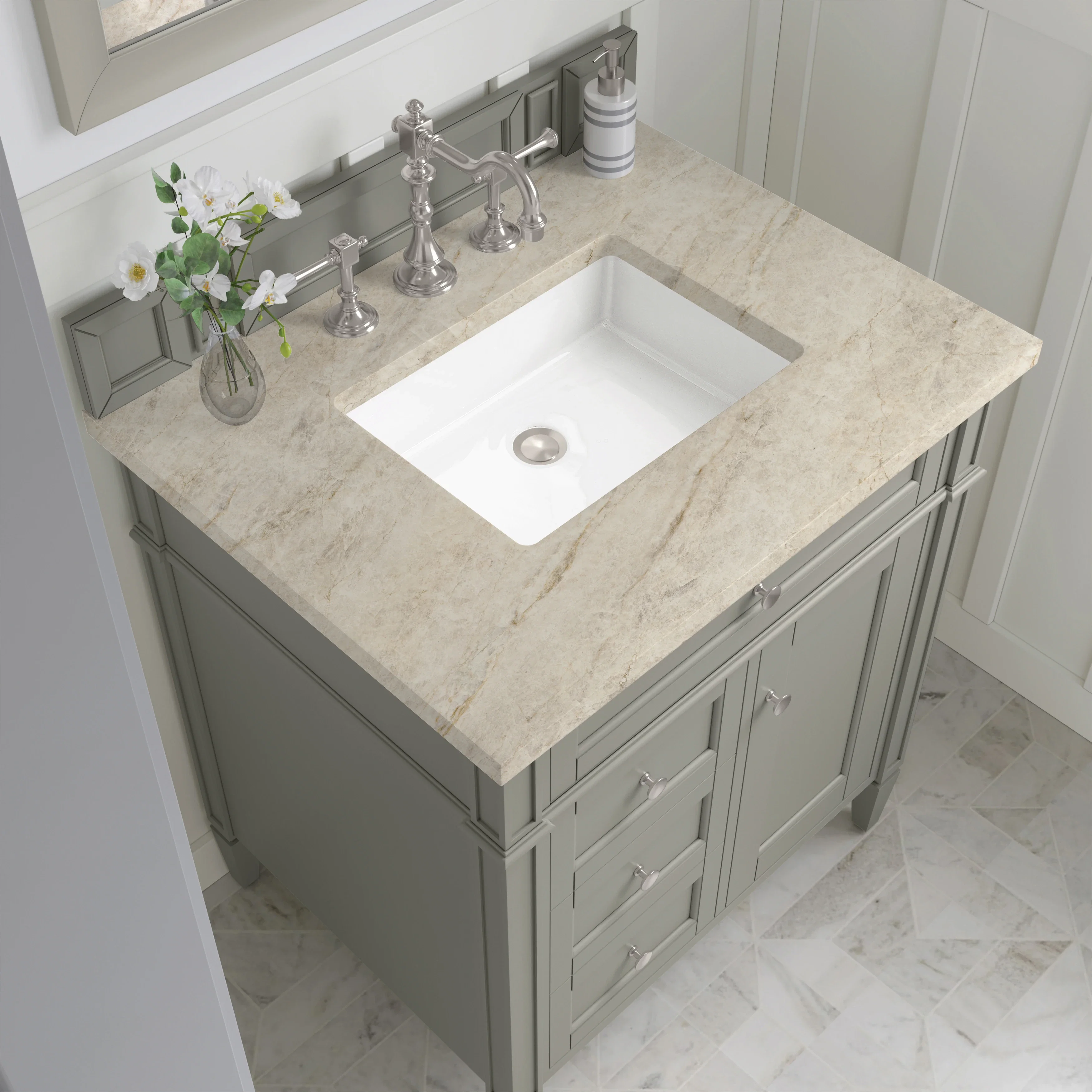 Brittany 30" Single Vanity, Urban Gray, w/ 3 CM Tajnar Eclos Top