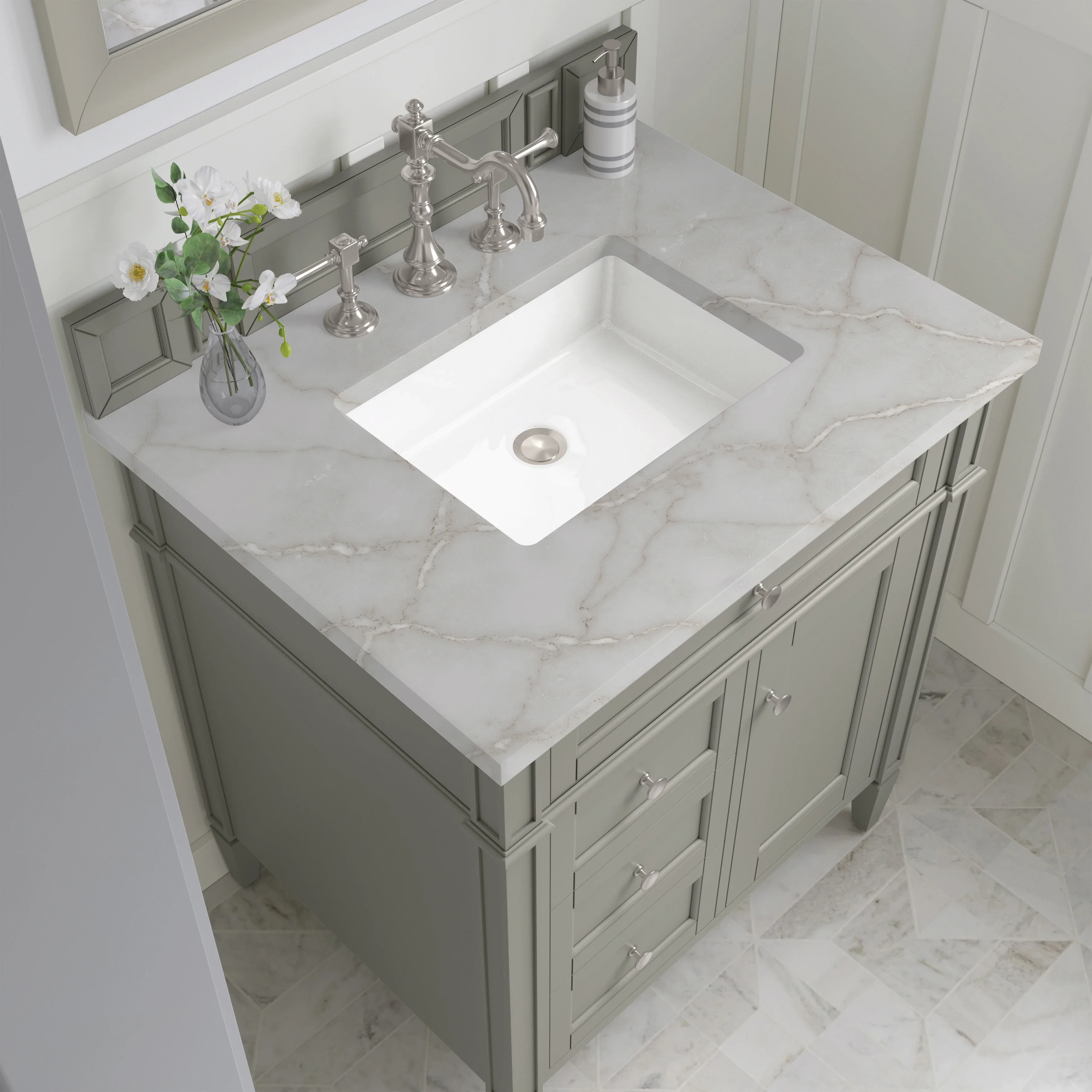 Brittany 30" Single Vanity, Urban Gray, w/ 3 CM Victorian Silver Silestone Top
