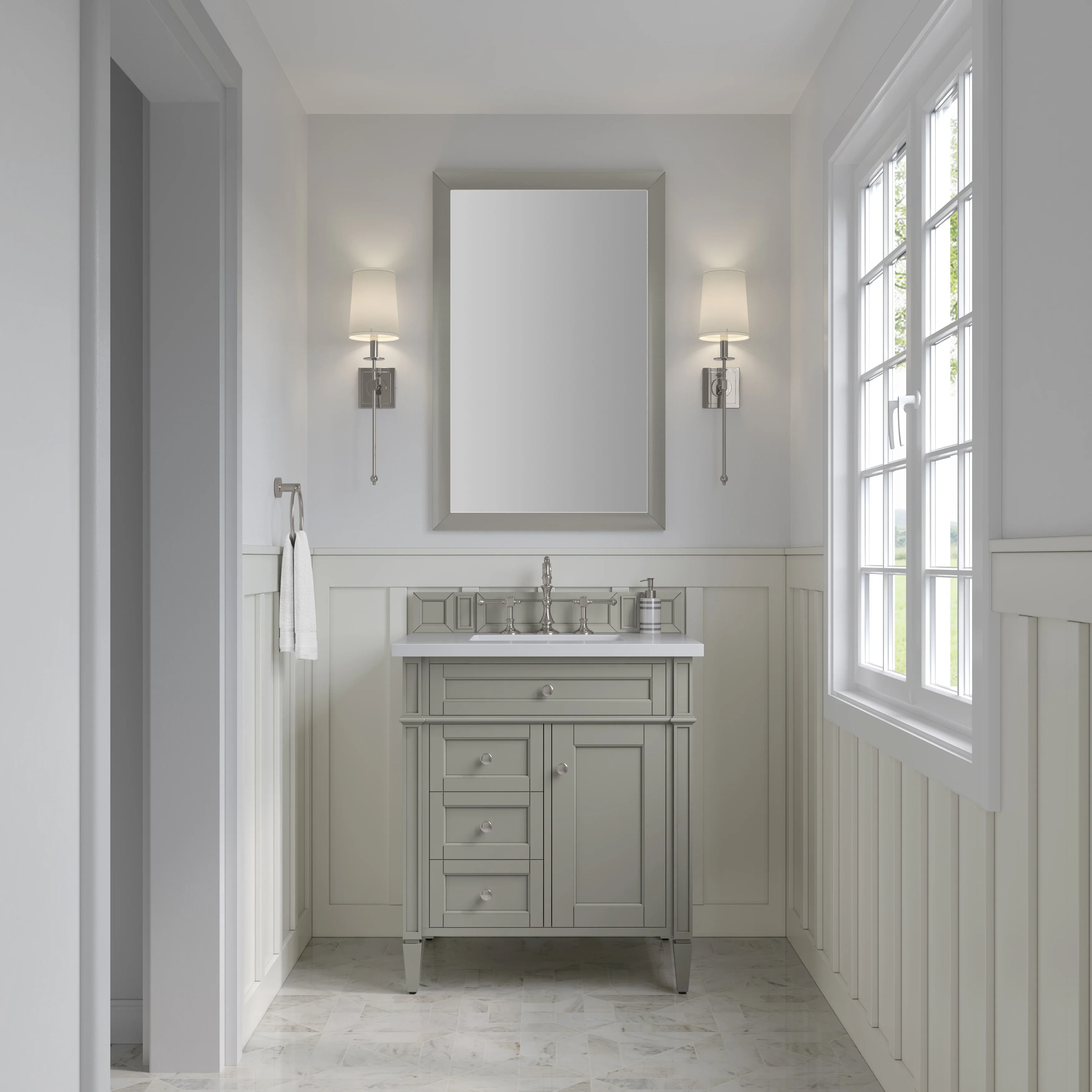Brittany 30" Single Vanity, Urban Gray, w/ 3 CM White Zeus Silestone Top