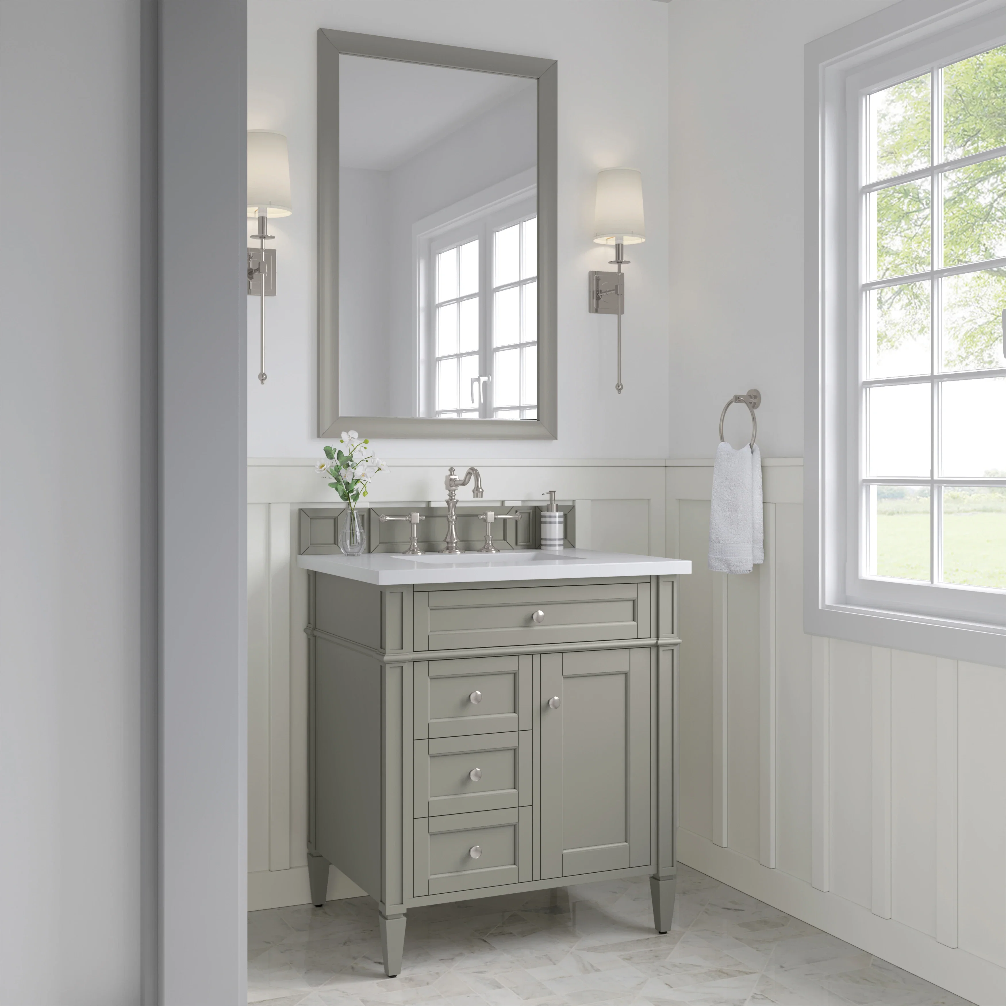 Brittany 30" Single Vanity, Urban Gray, w/ 3 CM White Zeus Silestone Top