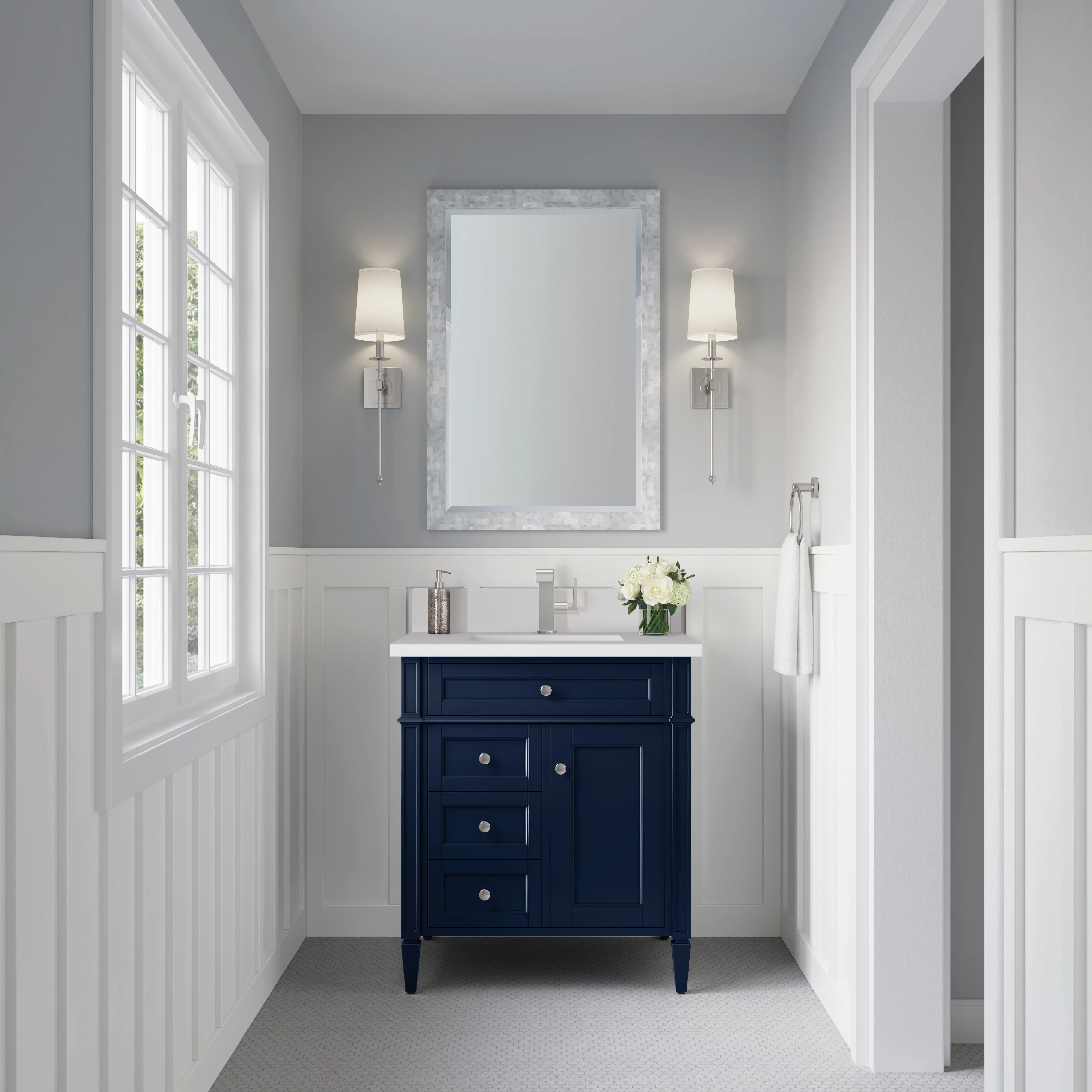 Brittany 30" Single Vanity, Victory Blue w/ Single Hole 3 CM White Zeus Silestone Top & Backsplash