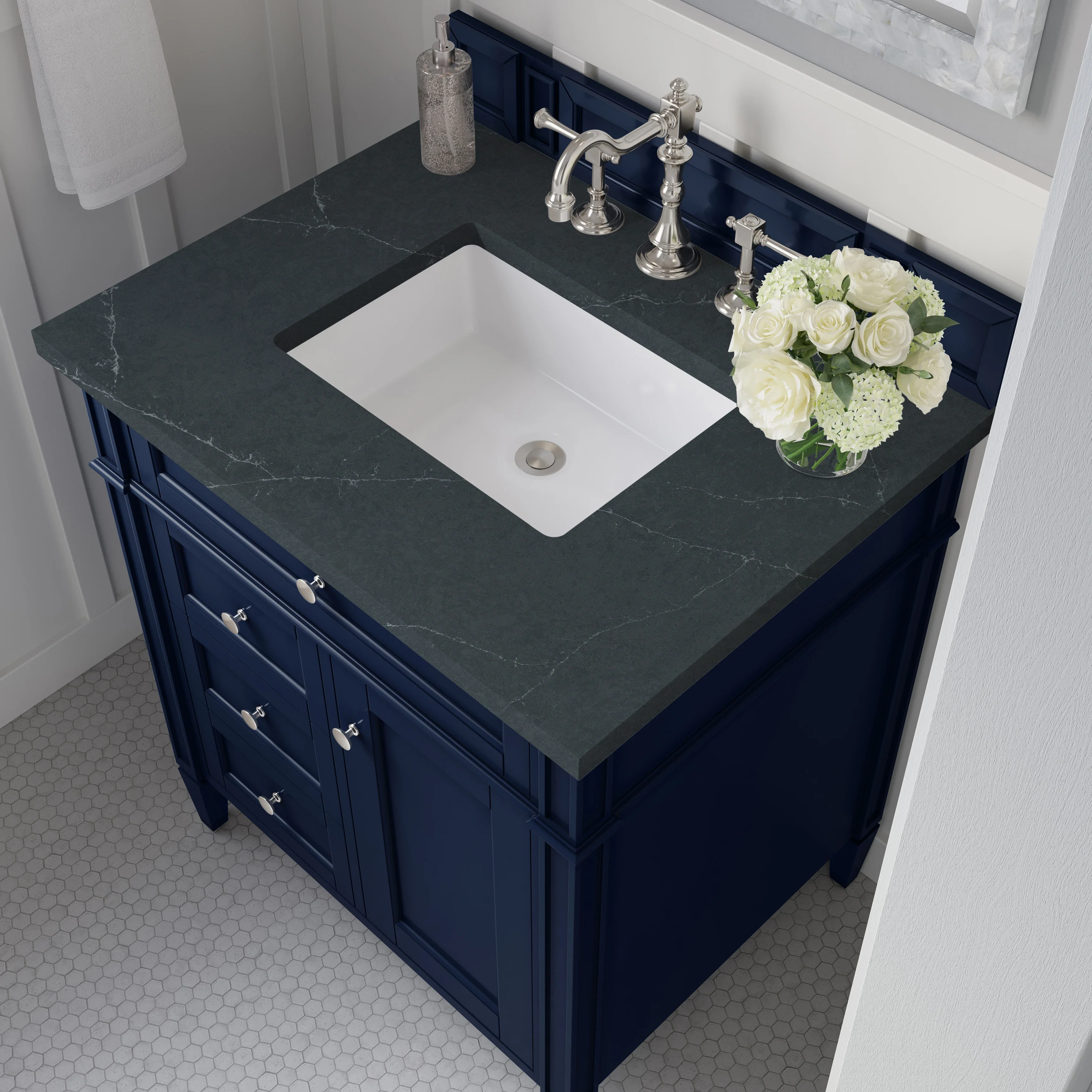 Brittany 30" Single Vanity, Victory Blue w/ 3 CM Charcoal Soapstone Silestone Top