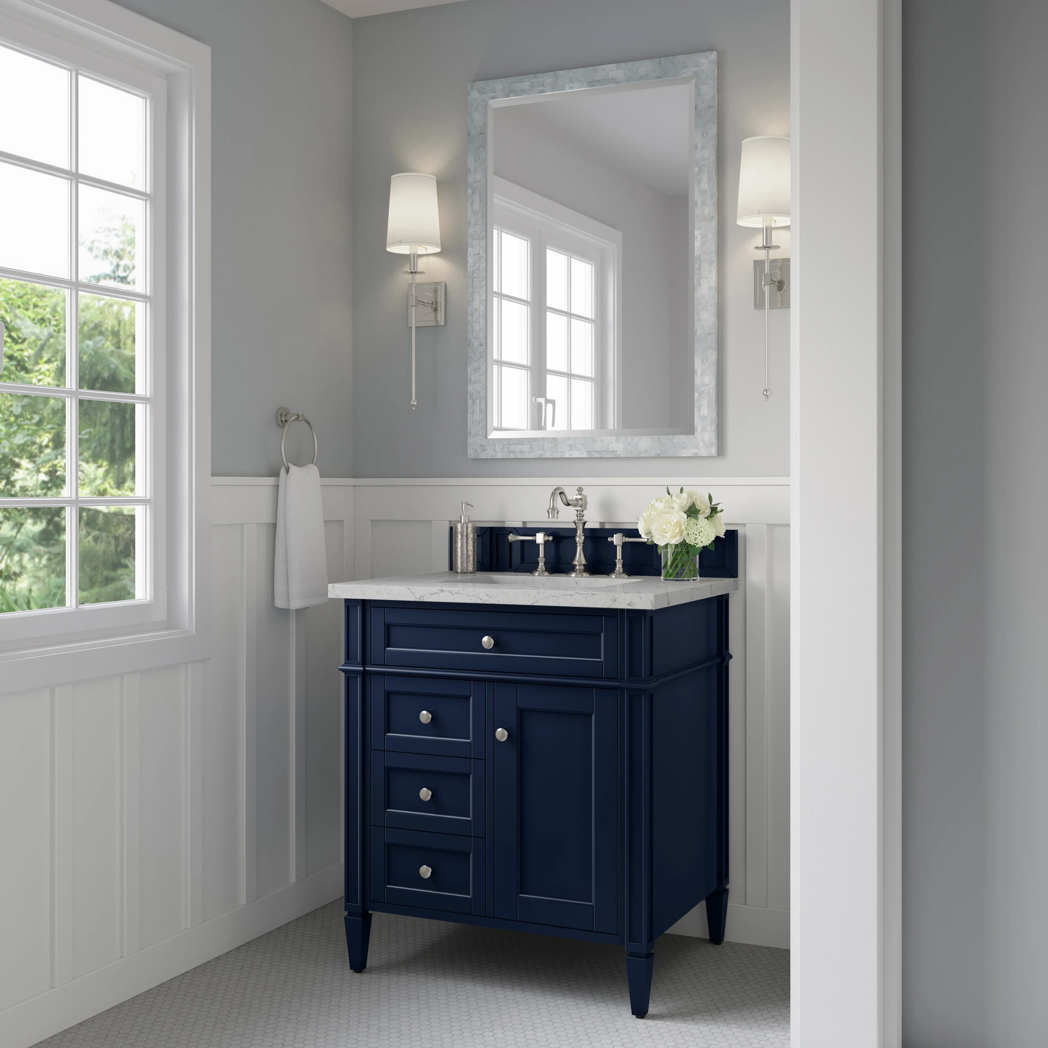Brittany 30" Single Vanity, Victory Blue w/ 3 CM Eternal Jasmine Pearl Silestone Top