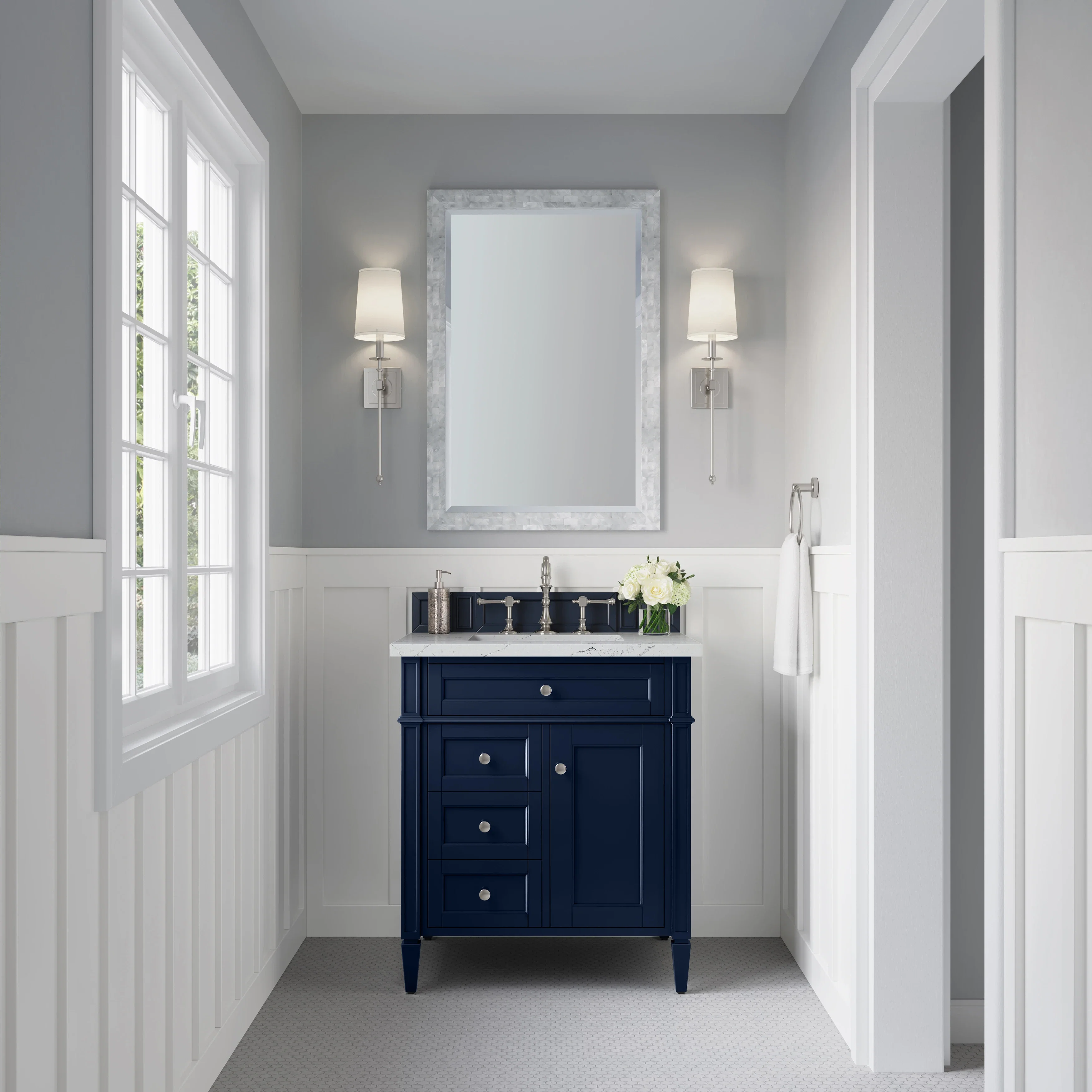 Brittany 30" Single Vanity, Victory Blue w/ 3 CM Ethereal Noctis Silestone Top
