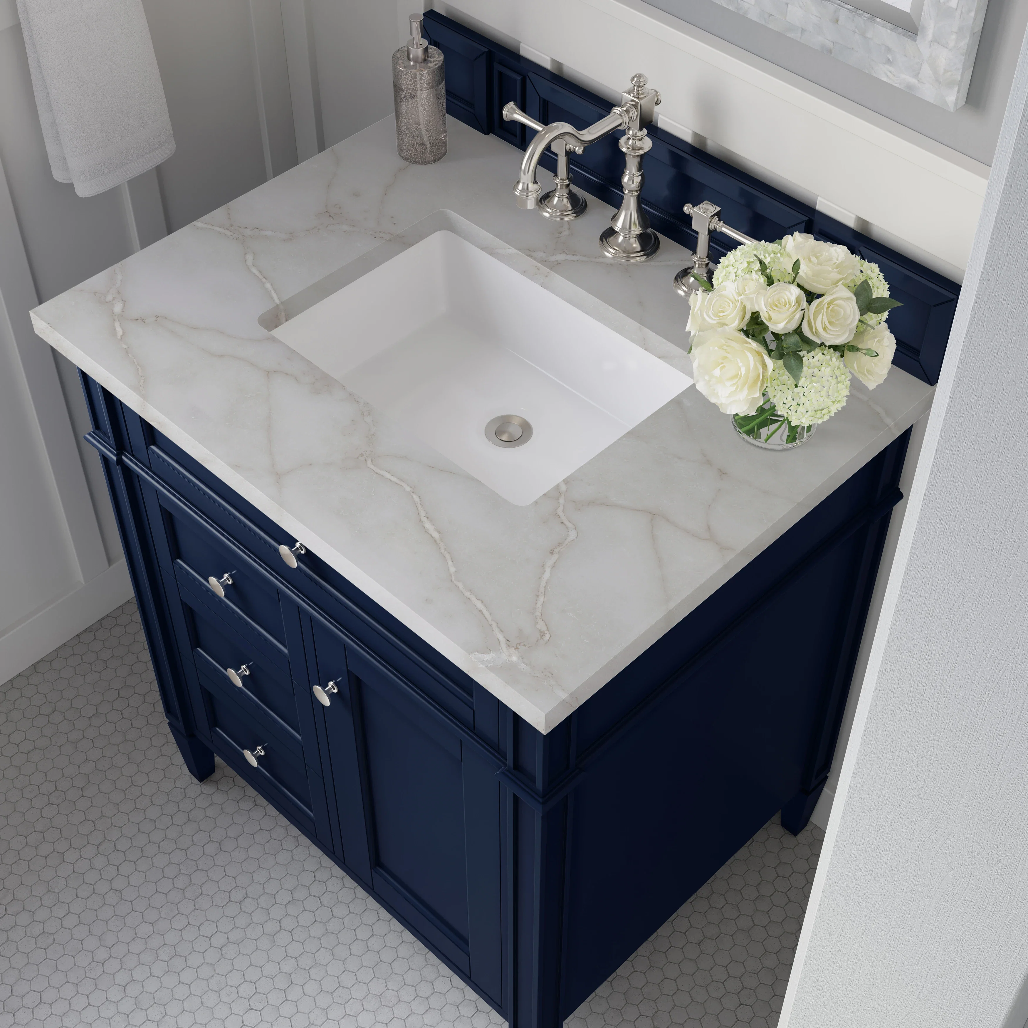 Brittany 30" Single Vanity, Victory Bleu w/ 3 CM Victorian Silver Silestone Top