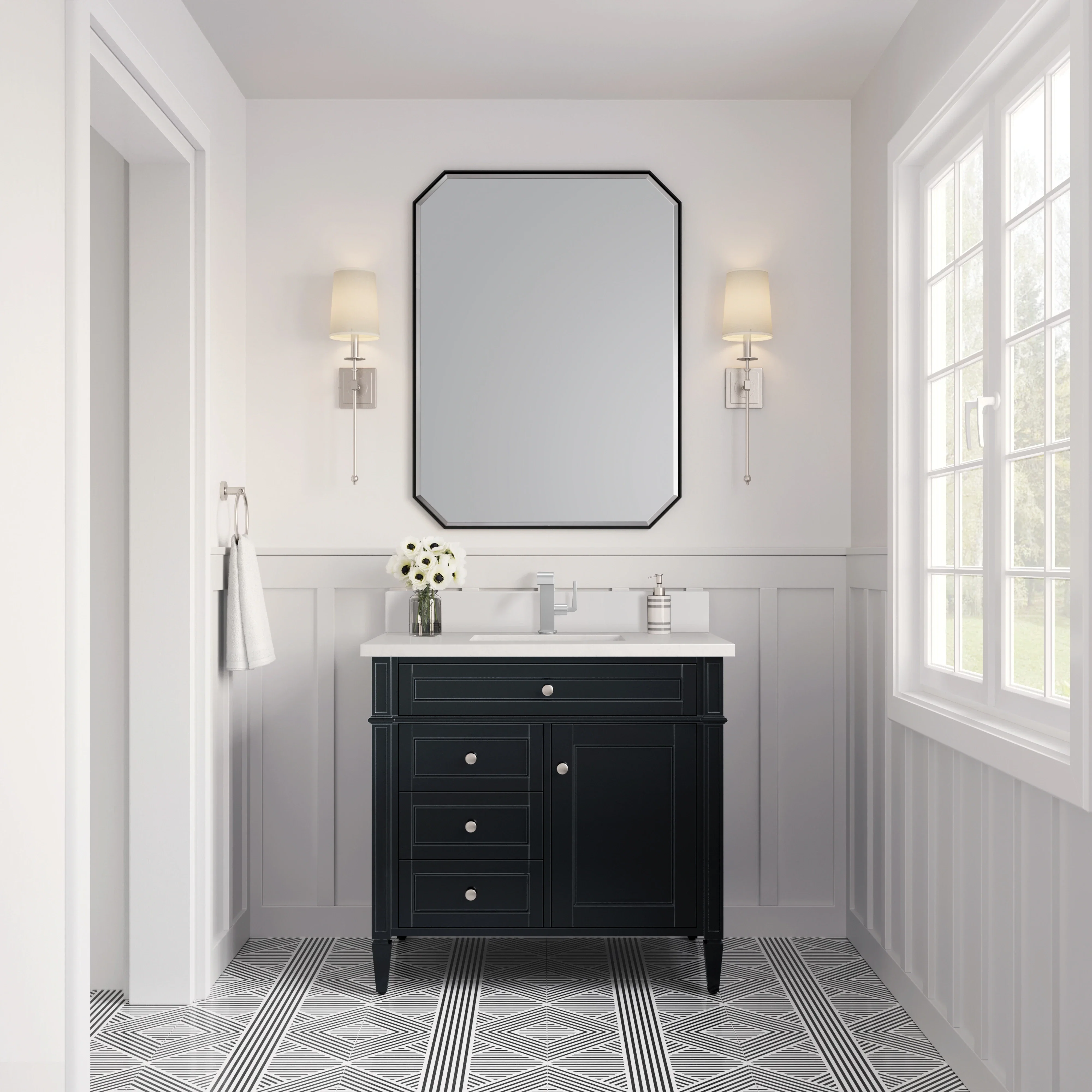 Brittany 36" Single Vanity, Black Onyx w/ Single Hole 3 CM White Zeus Silestone Top & Backsplash