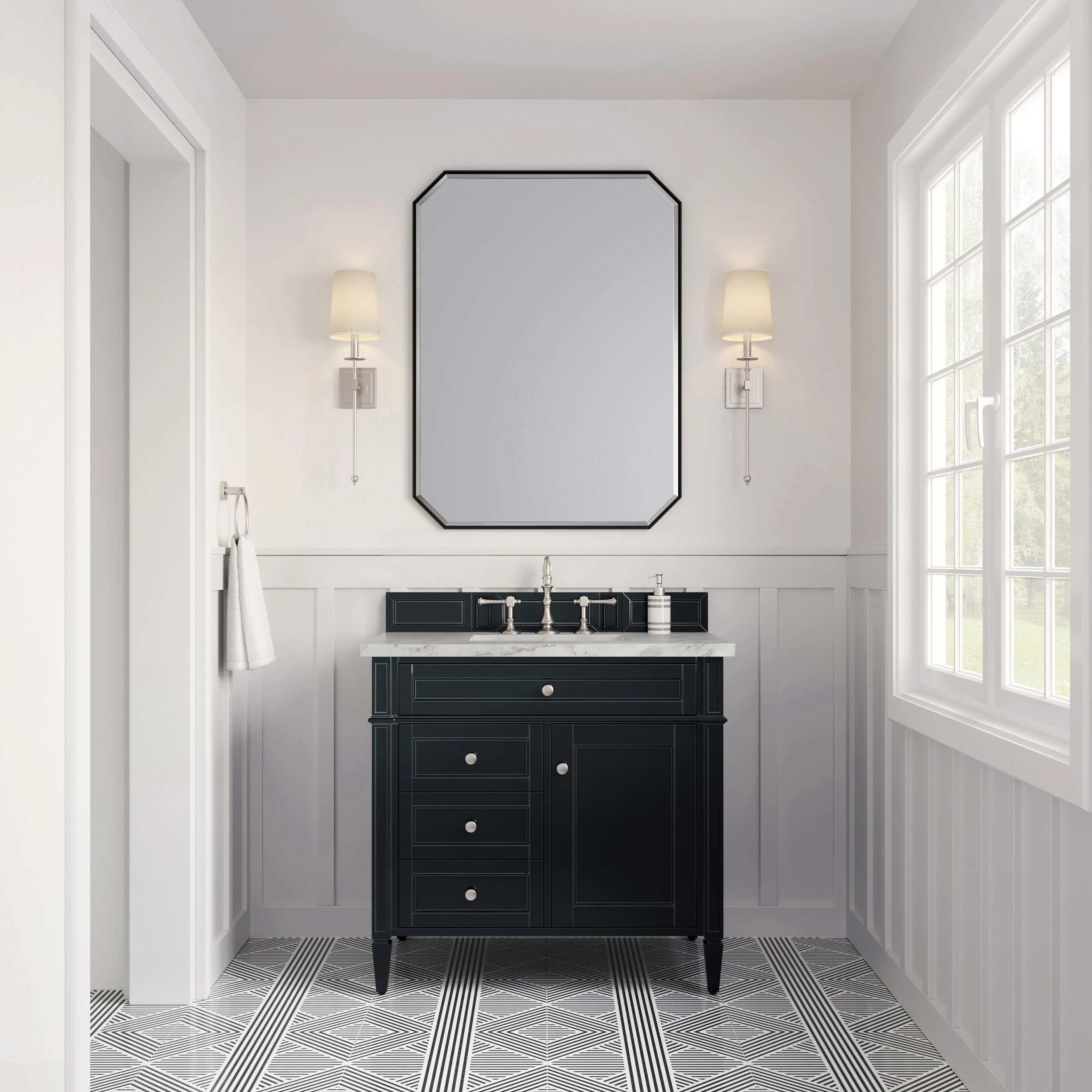 Brittany 36" Single Vanity, Black Onyx w/ 3 CM Carrara Marble Top