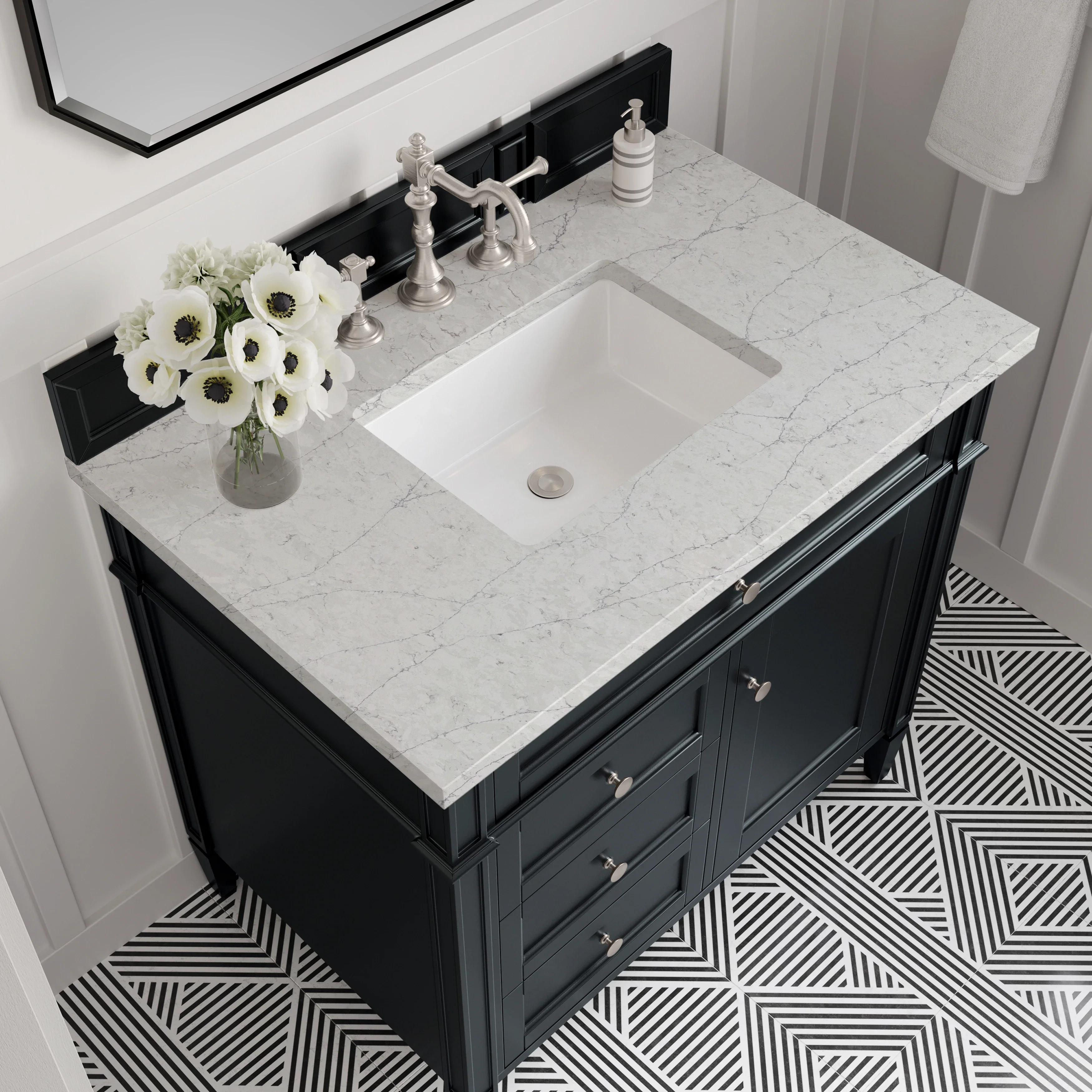 Brittany 36" Single Vanity, Black Onyx w/ 3 CM Eternal Jasmine Pearl Silestone Top