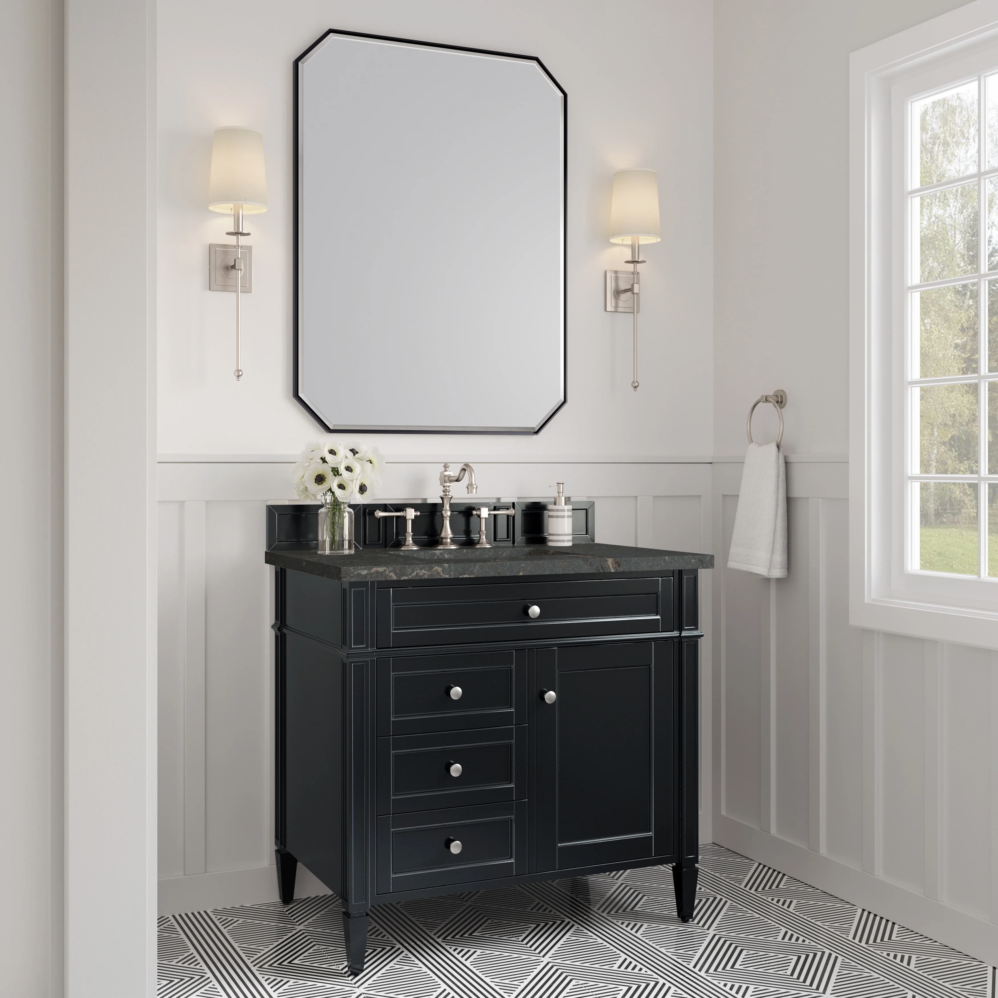 Brittany 36" Single Vanity, Black Onyx w/ 3 CM Parisien Bleu Silestone Top