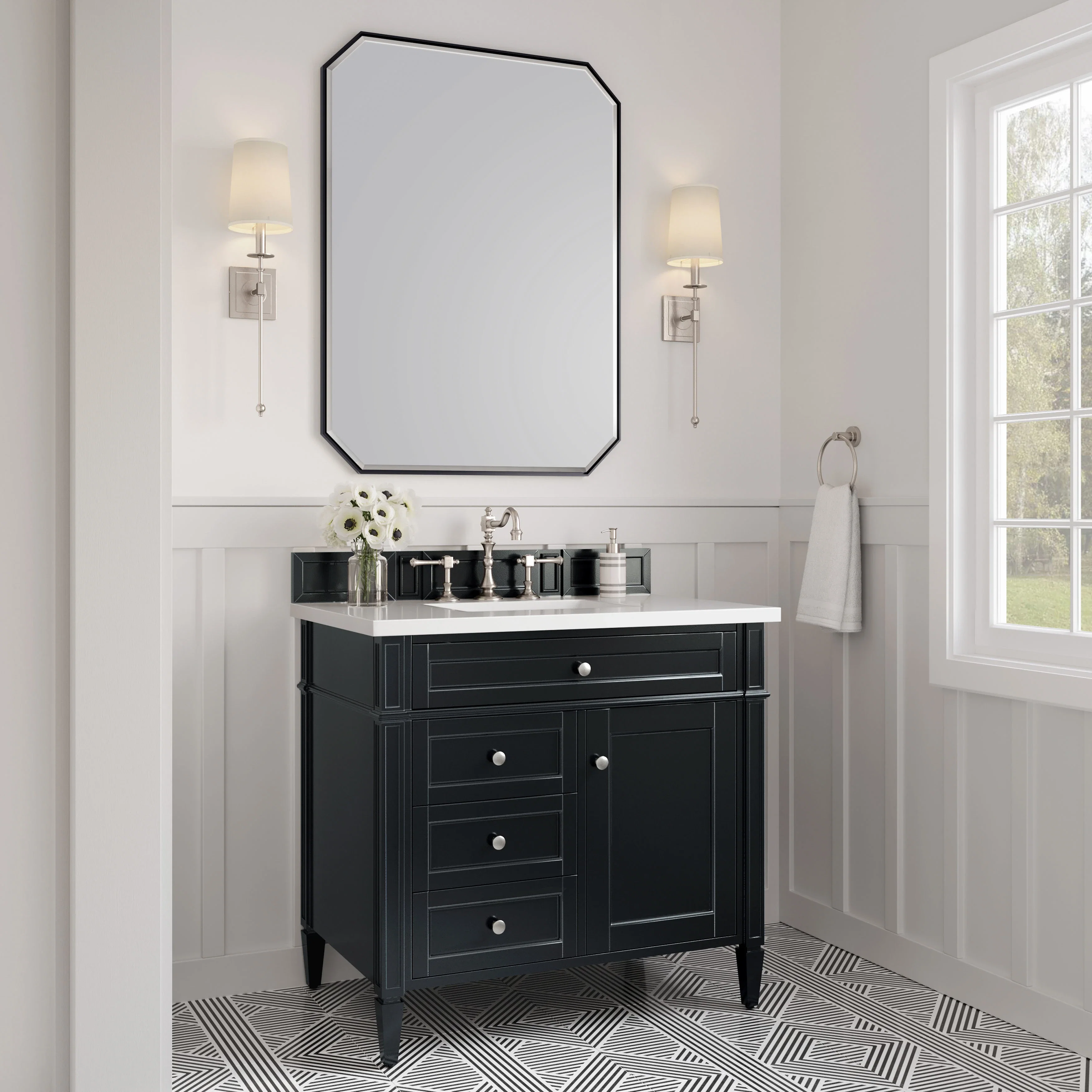 Brittany 36" Single Vanity, Black Onyx w/ 3 CM White Zeus Silestone Top