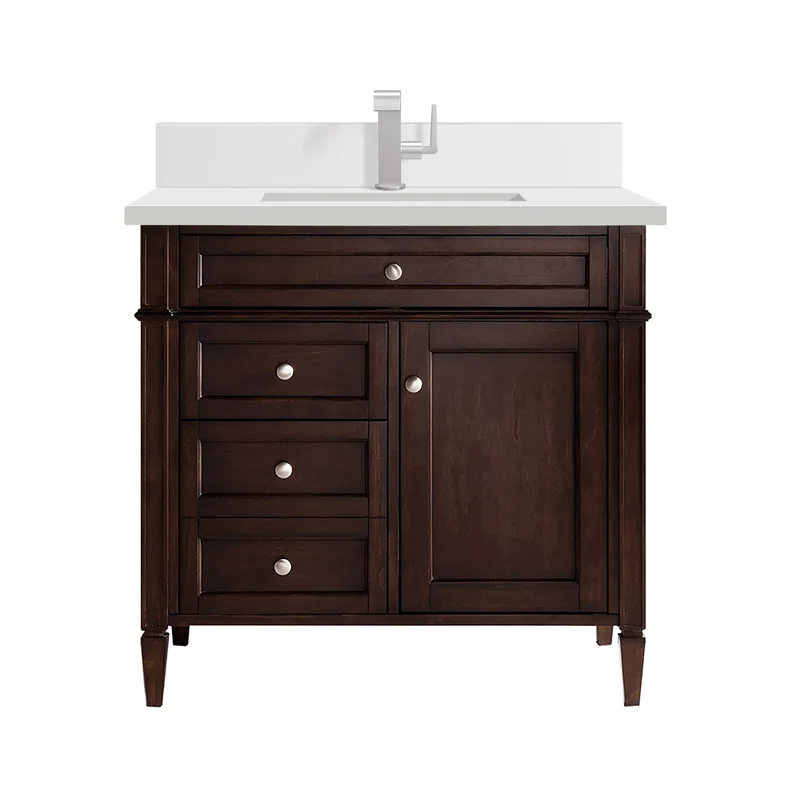 Brittany 36" Single Vanity, Burnished Mahogany w/ Single Hole 3 CM White Zeus Silestone Top & Backsplash