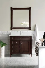 Brittany 36" Single Vanity, Burnished Mahogany w/ Single Hole 3 CM White Zeus Silestone Top & Backsplash