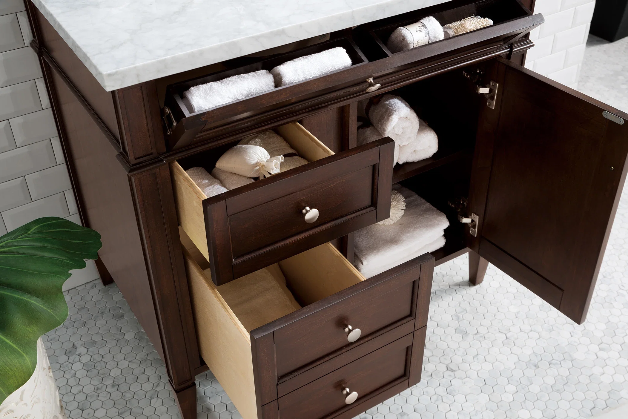 Brittany 36" Single Vanity, Burnished Mahogany w/ 3 CM Carrara Marble Top
