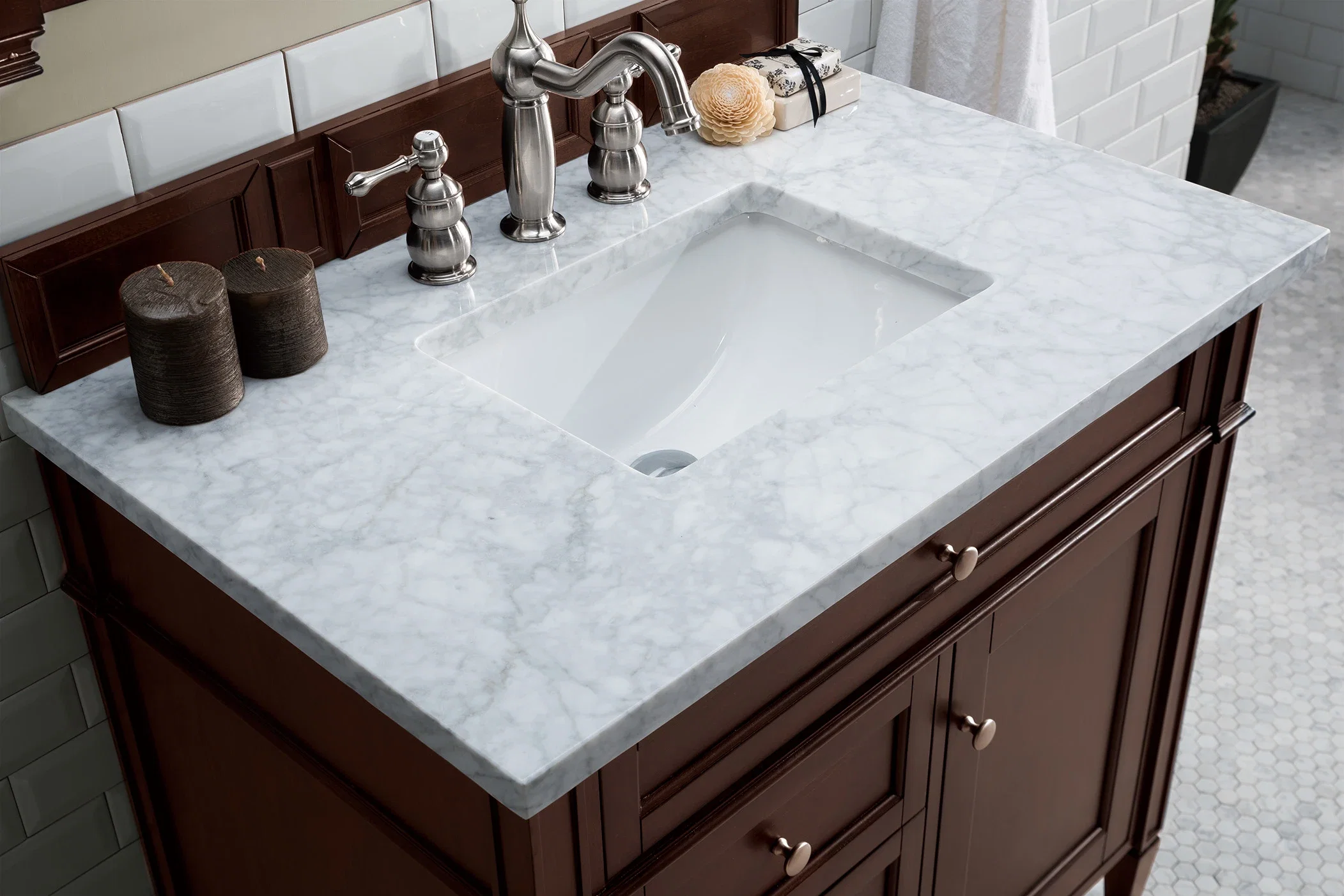 Brittany 36" Single Vanity, Burnished Mahogany w/ 3 CM Carrara Marble Top