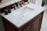 Brittany 36" Single Vanity, Burnished Mahogany w/ 3 CM Carrara Marble Top