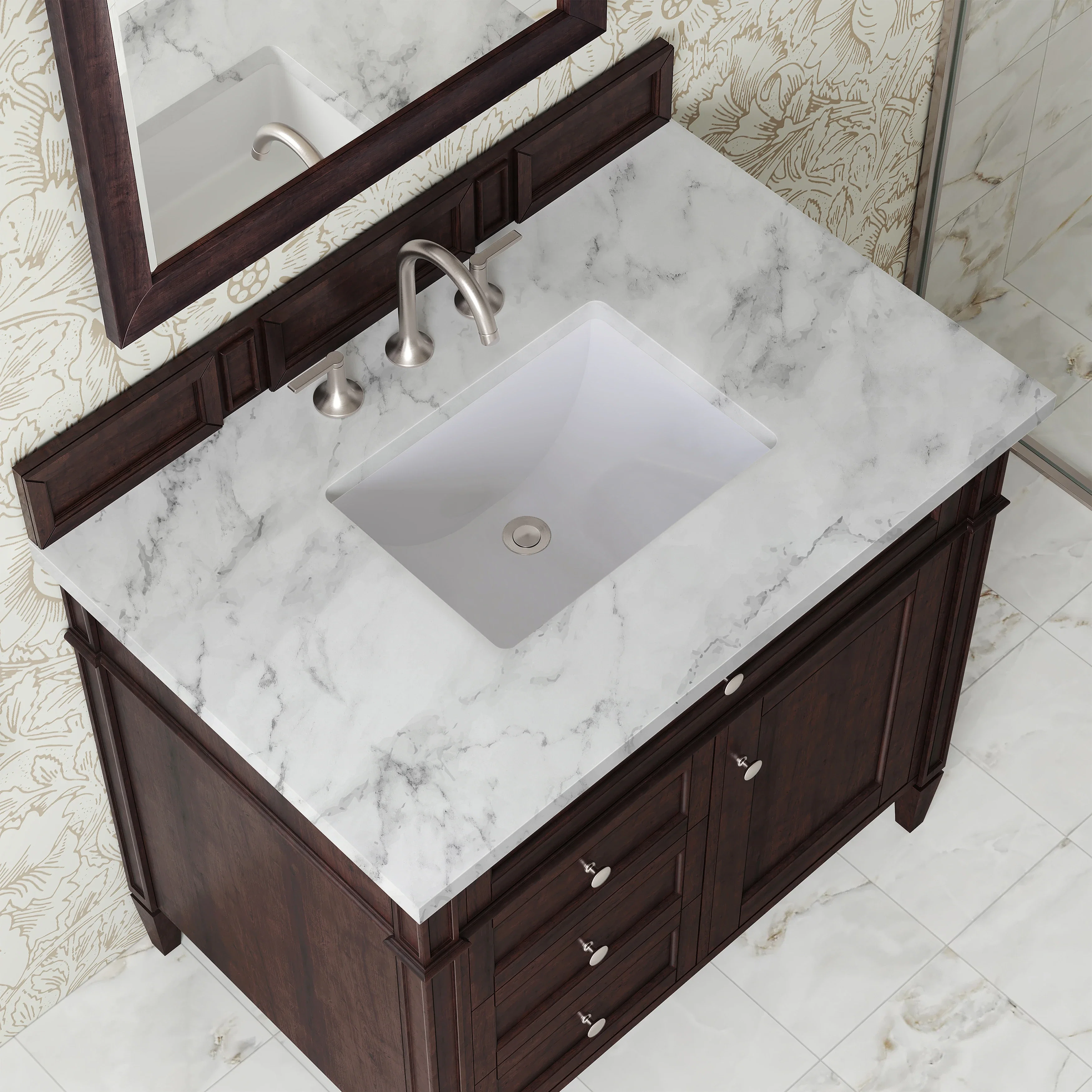 Brittany 36" Single Vanity, Burnished Mahogany w/ 3 CM Carrara Marble Top