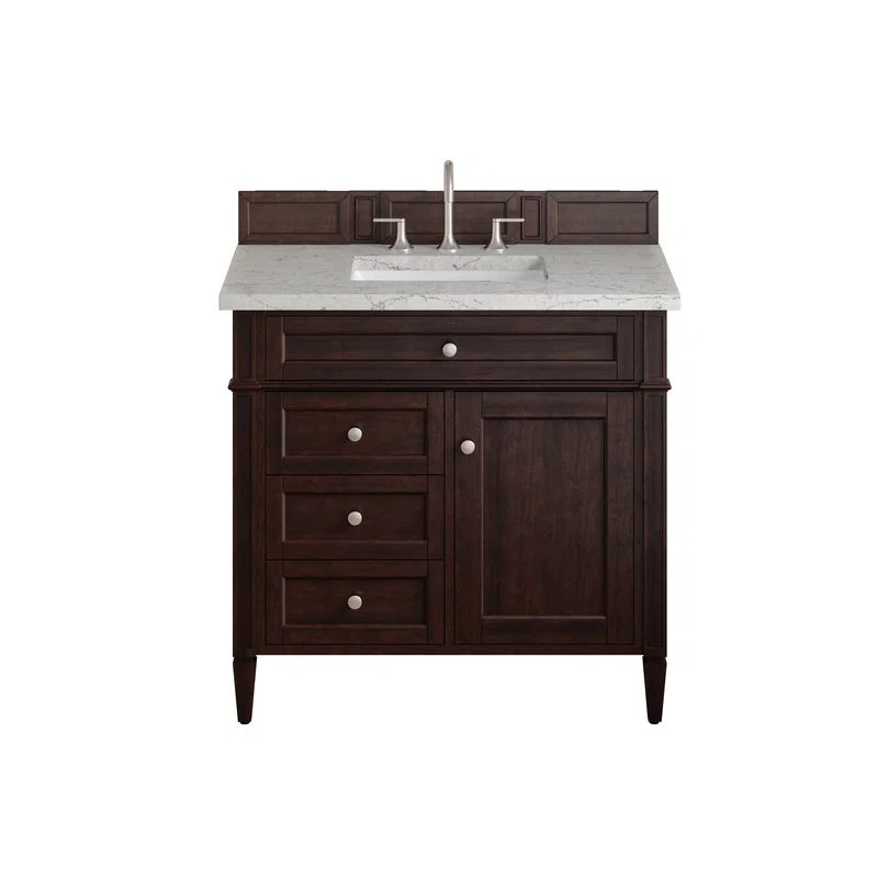Brittany 36" Single Vanity, Burnished Mahogany w/ 3 CM Eternal Jasmine Pearl Silestone Top