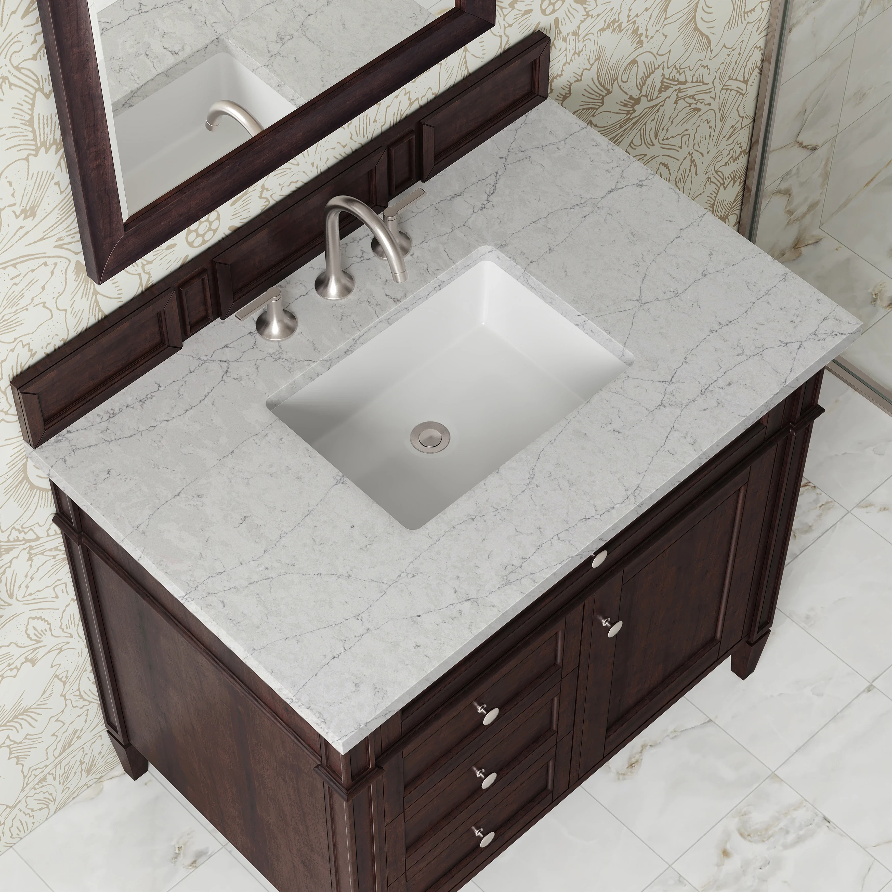 Brittany 36" Single Vanity, Burnished Mahogany w/ 3 CM Eternal Jasmine Pearl Silestone Top