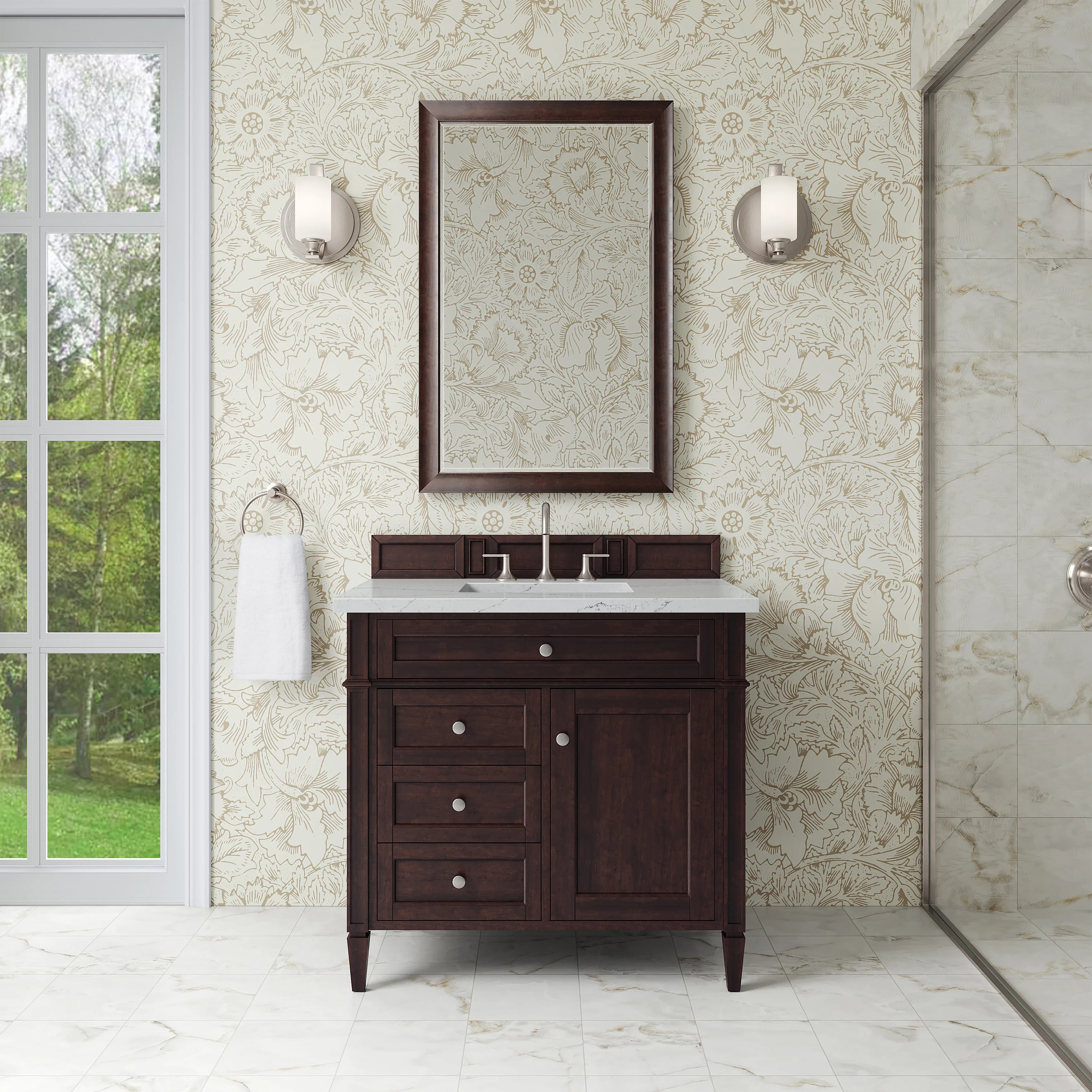Brittany 36" Single Vanity, Burnished Mahogany w/ 3 CM Ethereal Noctis Silestone Top