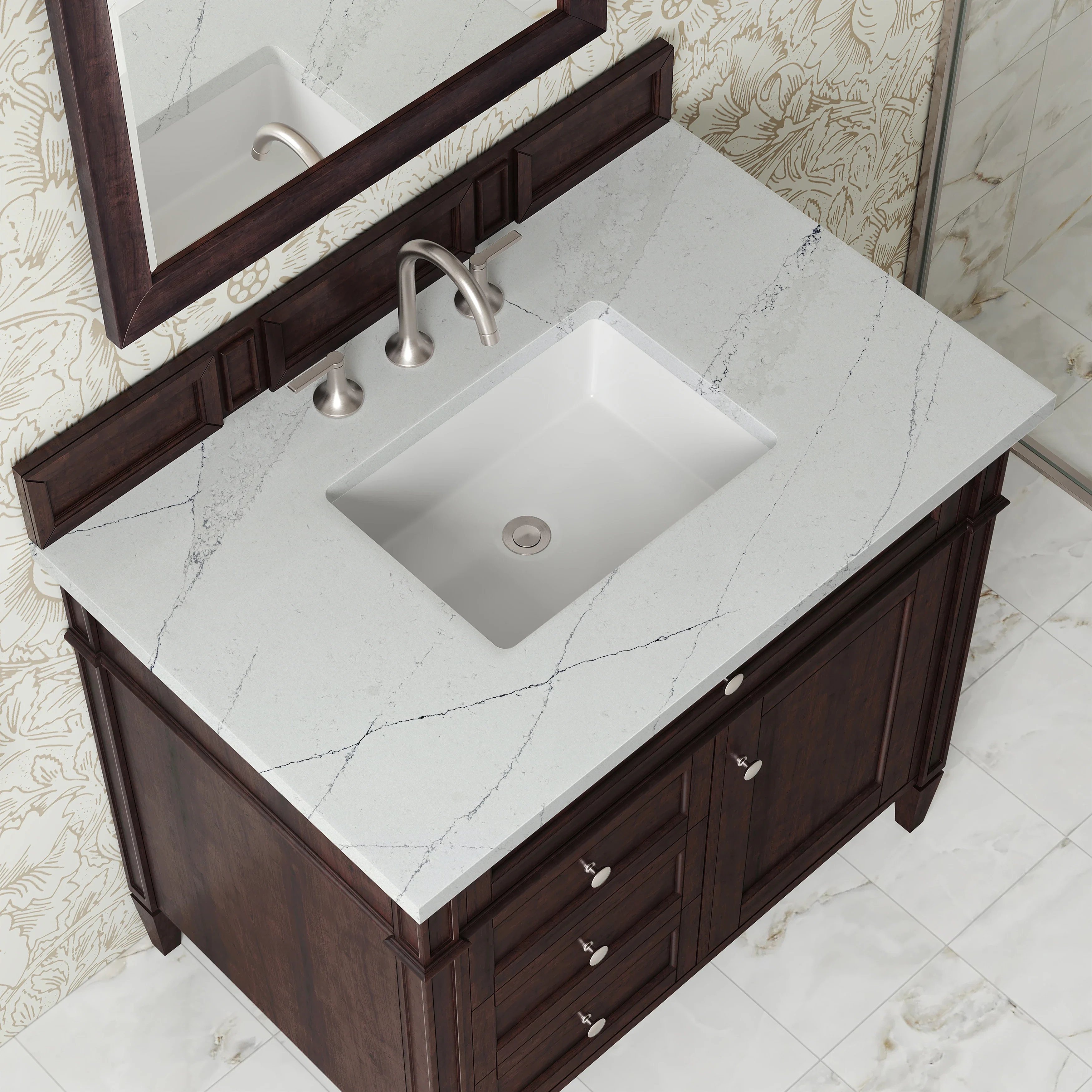 Brittany 36" Single Vanity, Burnished Mahogany w/ 3 CM Ethereal Noctis Silestone Top