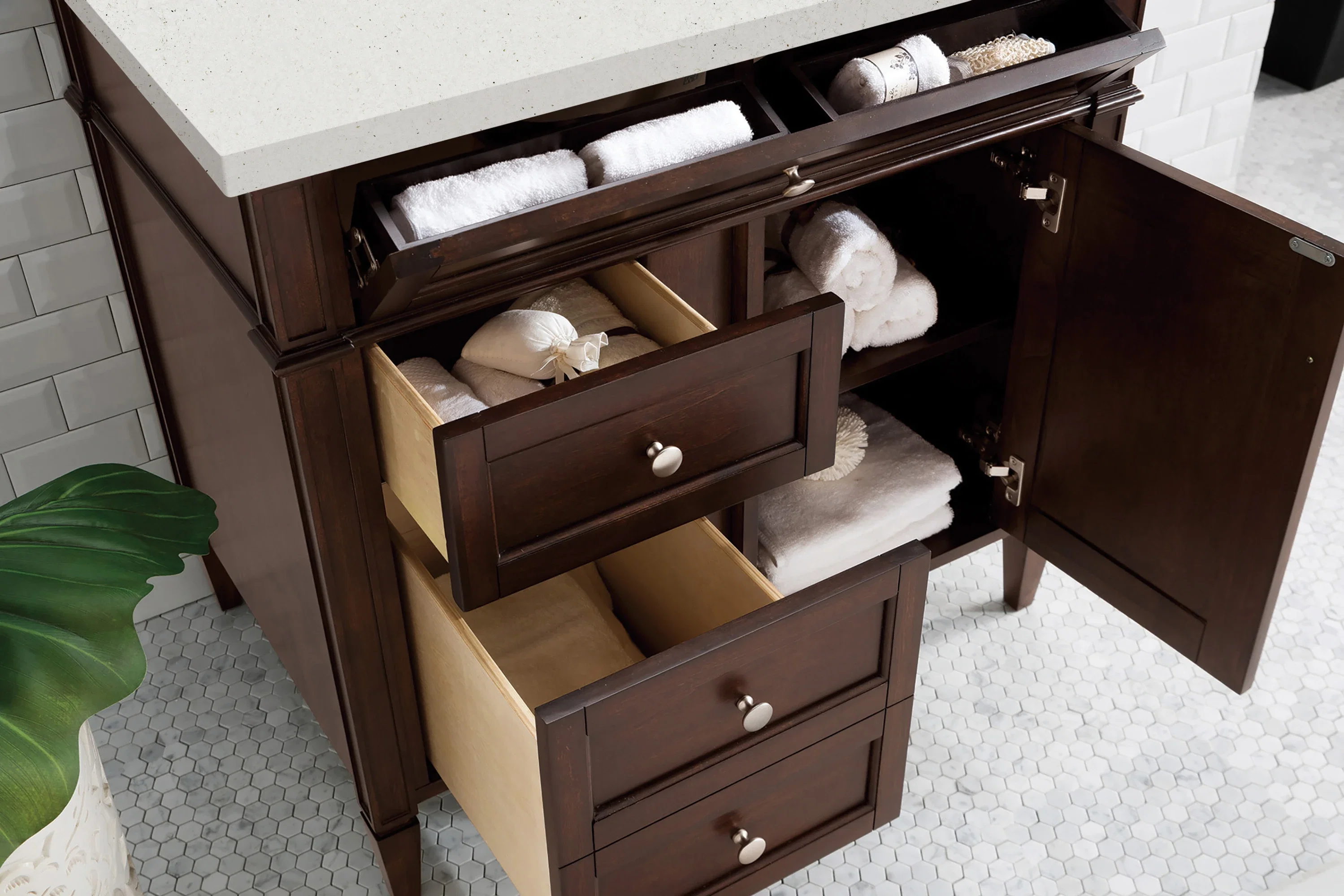 Brittany 36" Single Vanity, Burnished Mahogany w/ 3 CM Lime Delight Silestone Top