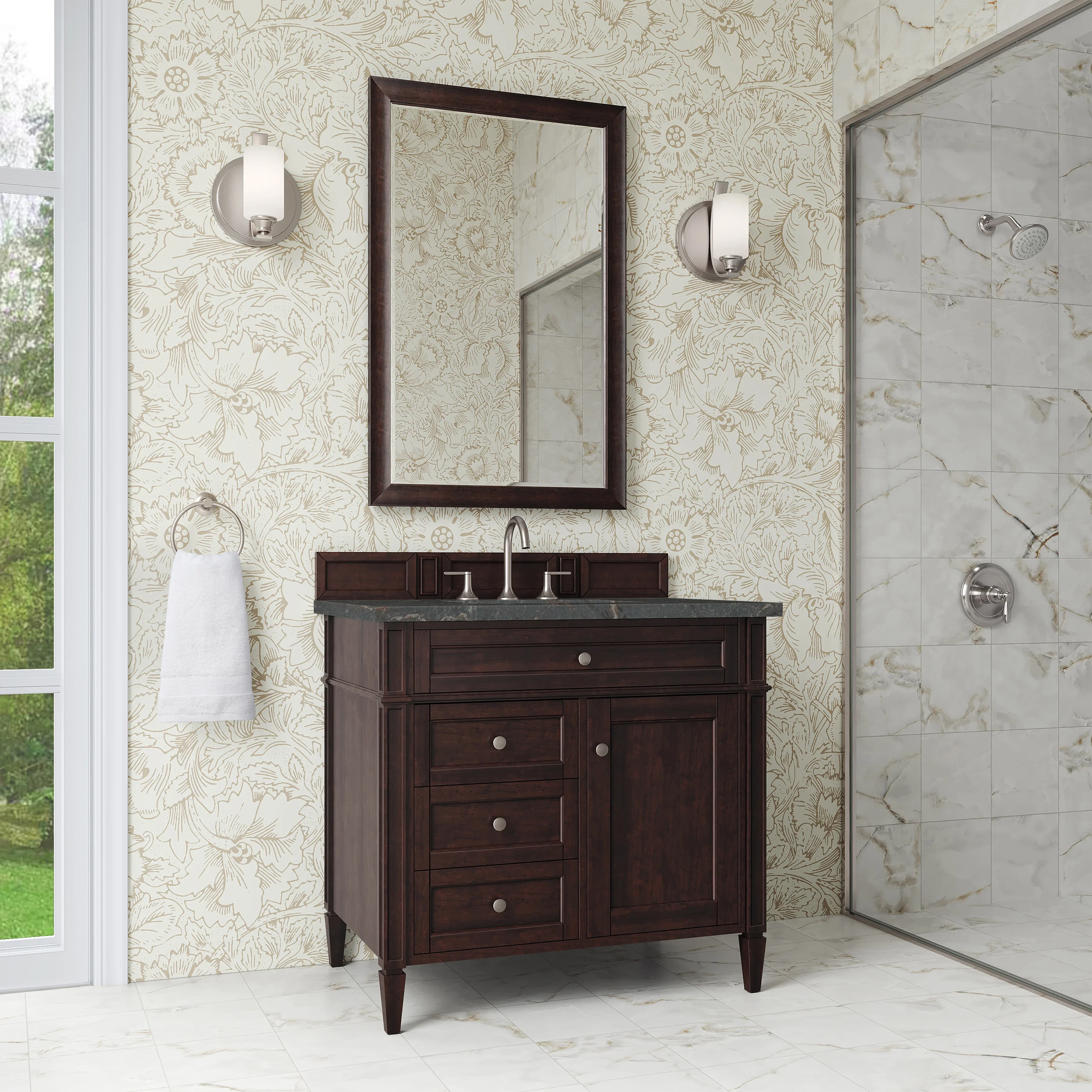 Brittany 36" Single Vanity, Burnished Mahogany w/ 3 CM Parisien Bleu Silestone Top