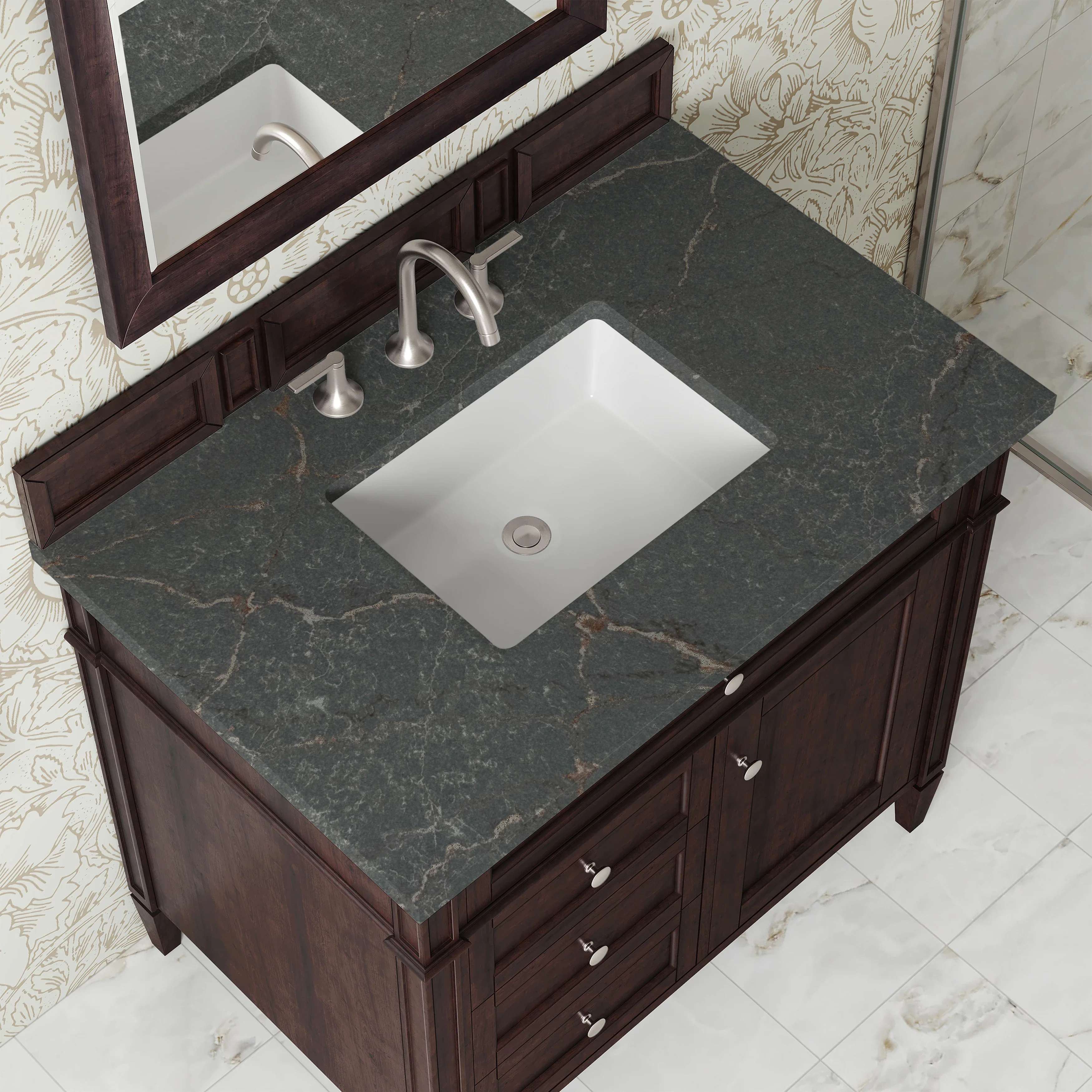Brittany 36" Single Vanity, Burnished Mahogany w/ 3 CM Parisien Bleu Silestone Top
