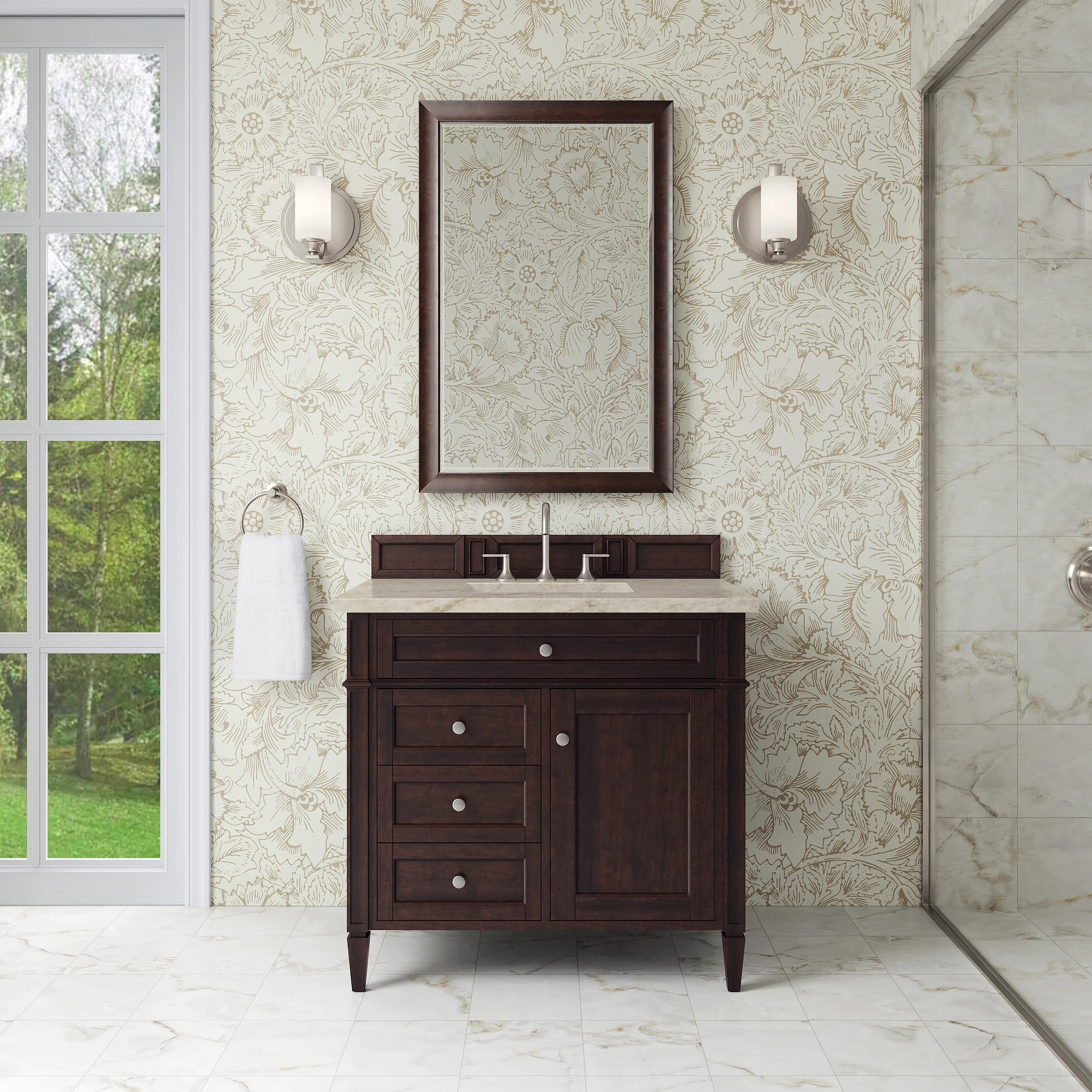Brittany 36" Single Vanity, Burnished Mahogany, w/ 3 CM Tajnar Eclos Top