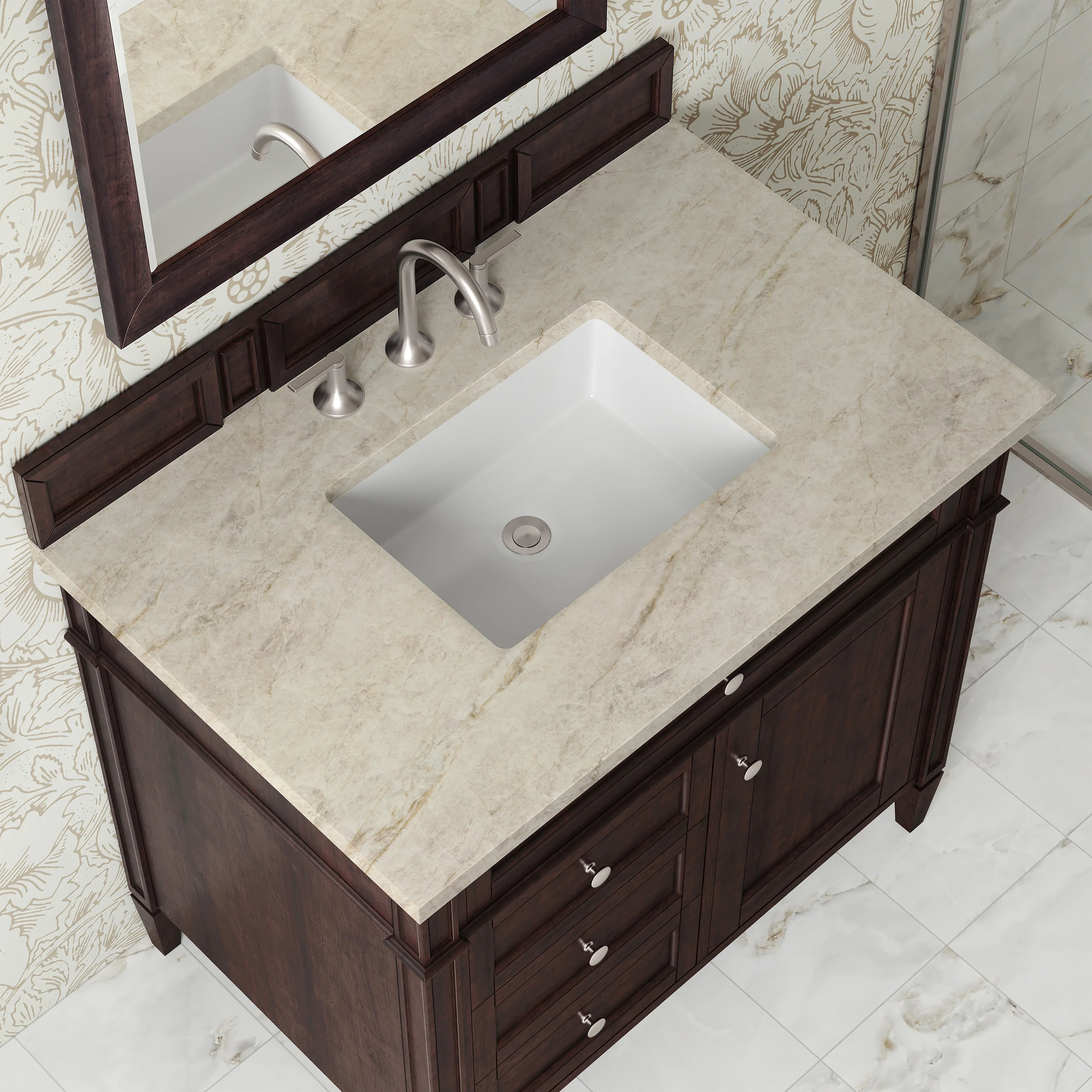 Brittany 36" Single Vanity, Burnished Mahogany, w/ 3 CM Tajnar Eclos Top