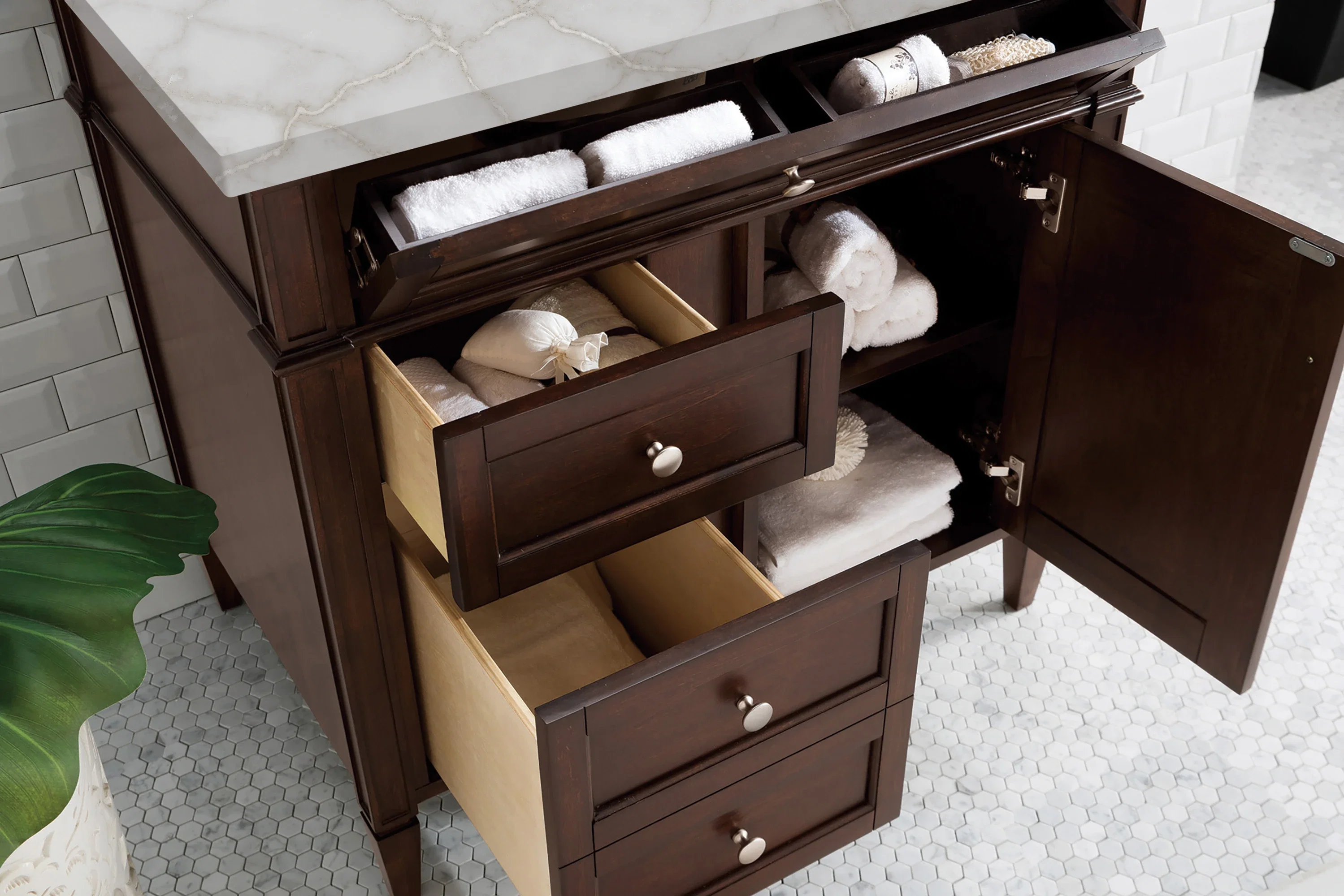 Brittany 36" Single Vanity, Burnished Mahogany w/ 3 CM Victorian Silver Silestone Top