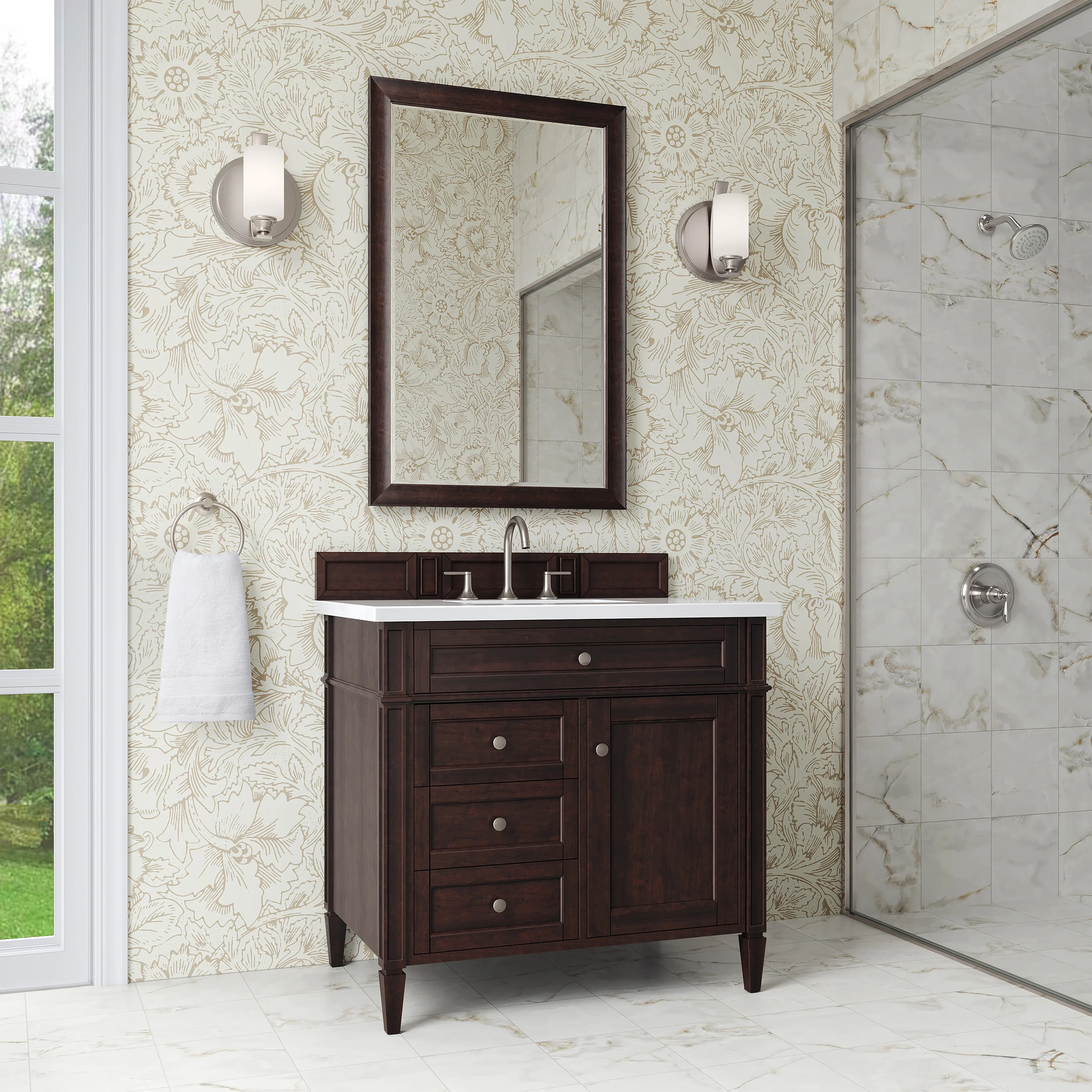 Brittany 36" Single Vanity, Burnished Mahogany w/ 3 CM White Zeus Silestone Top