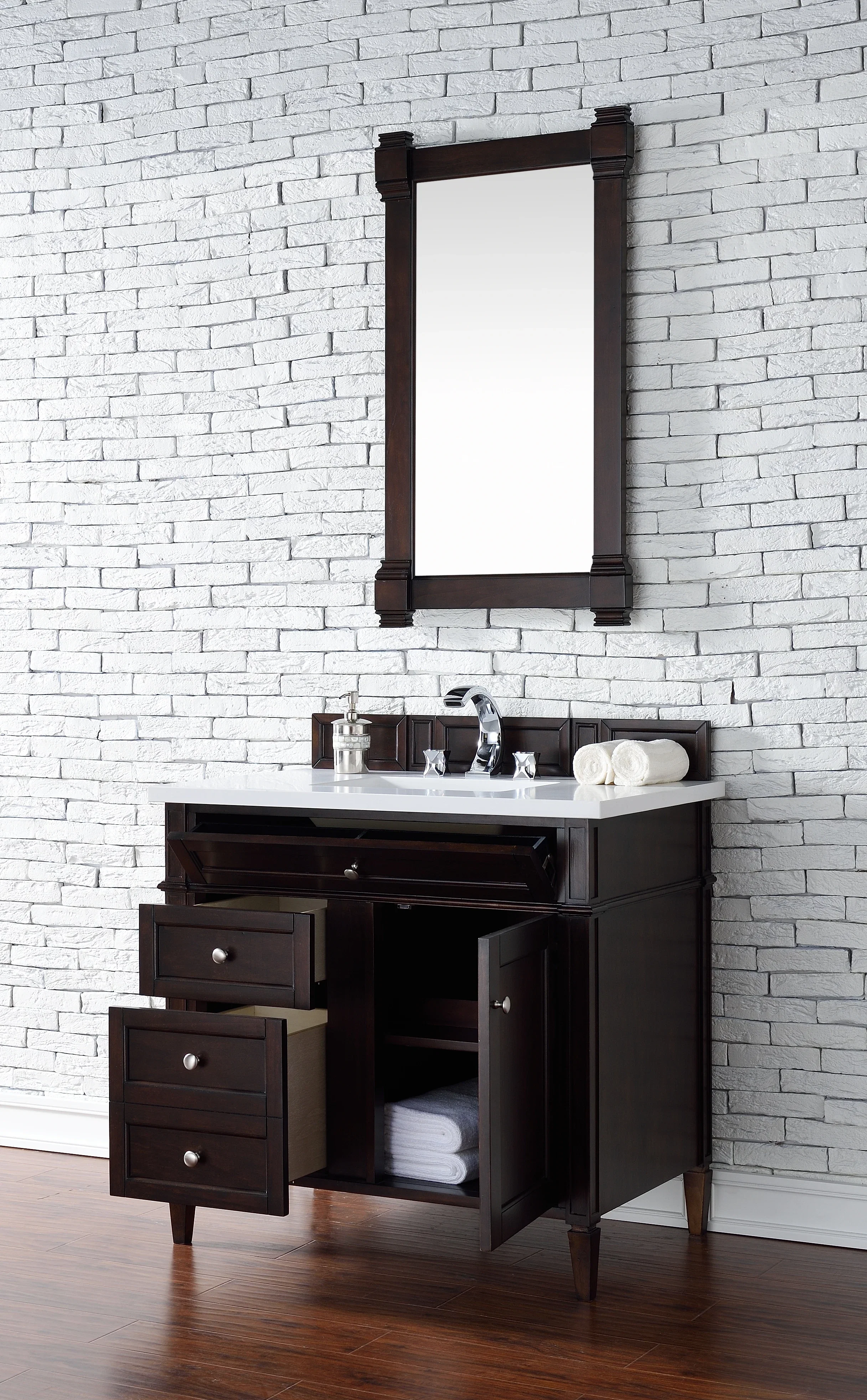 Brittany 36" Single Vanity, Burnished Mahogany w/ 3 CM White Zeus Silestone Top