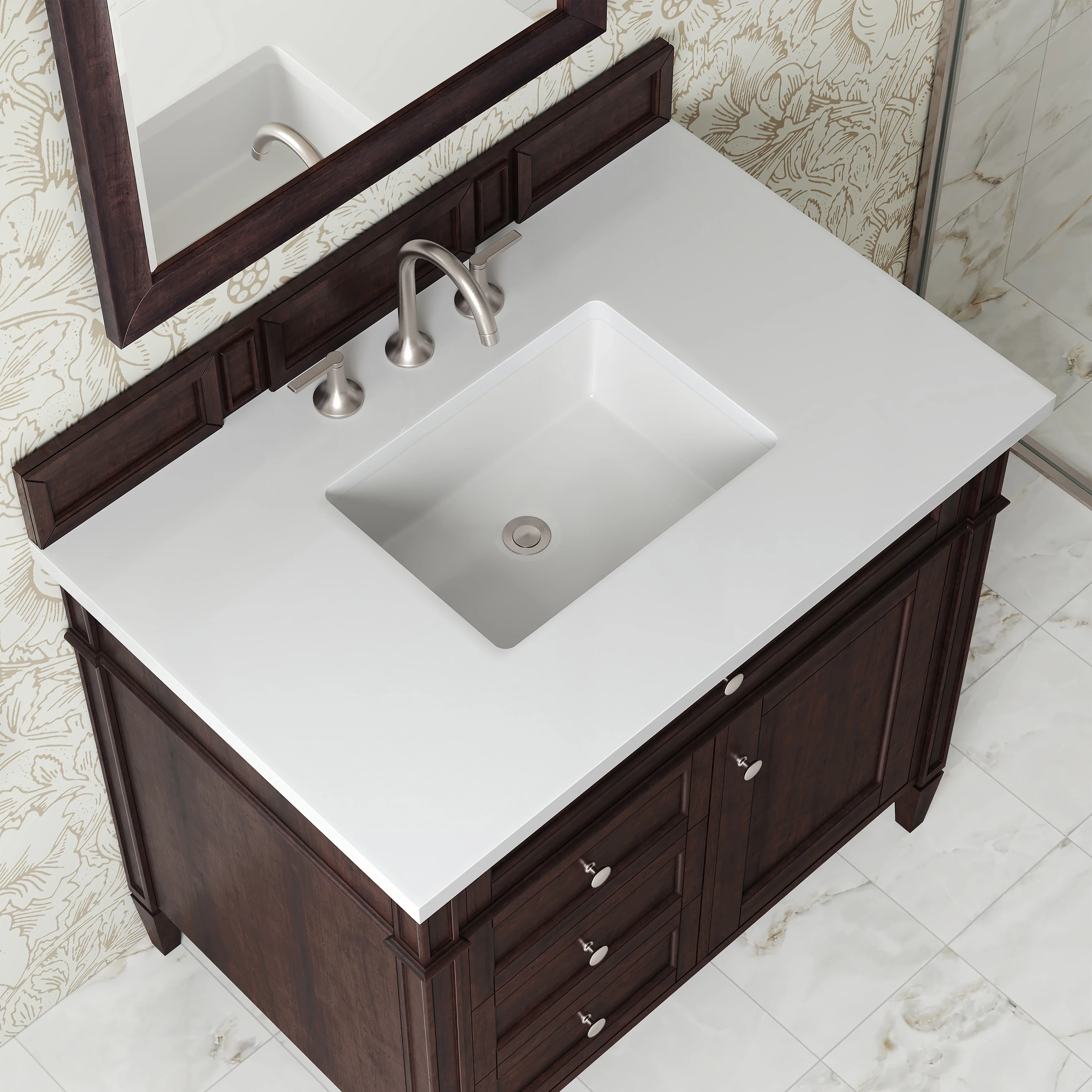 Brittany 36" Single Vanity, Burnished Mahogany w/ 3 CM White Zeus Silestone Top