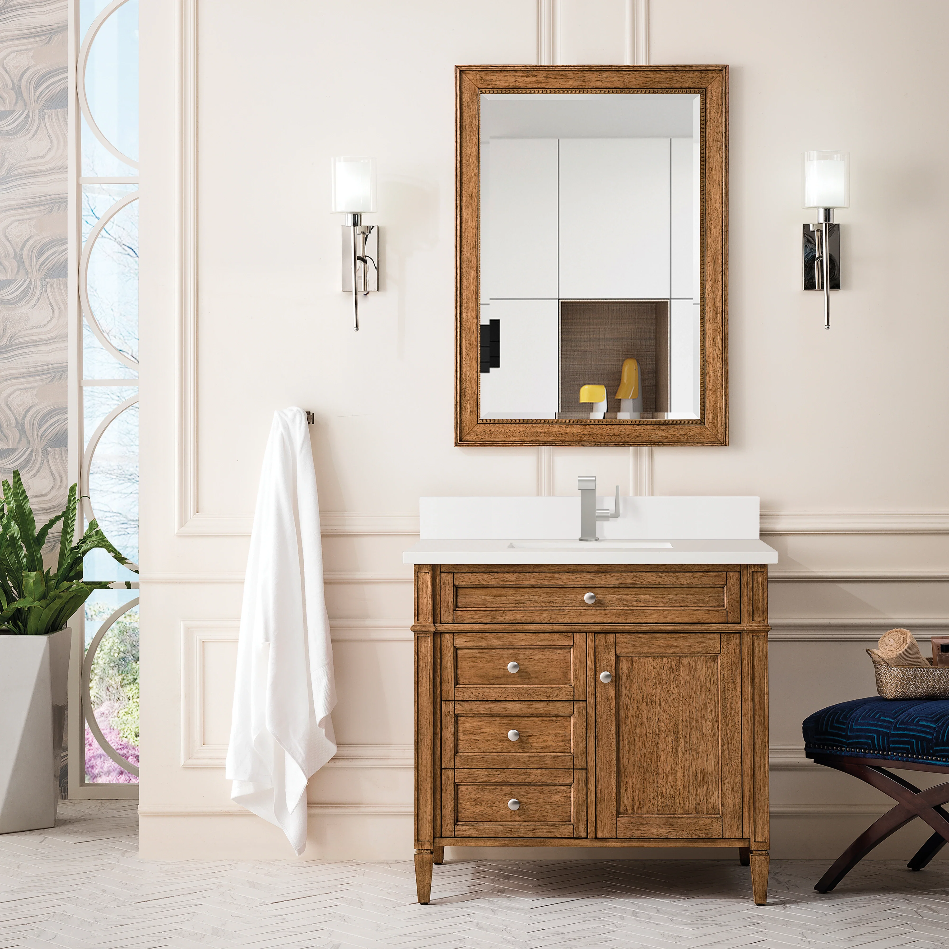 Brittany 36" Single Vanity, Saddle Brown w/ Single Hole 3 CM White Zeus Silestone Top & Backsplash