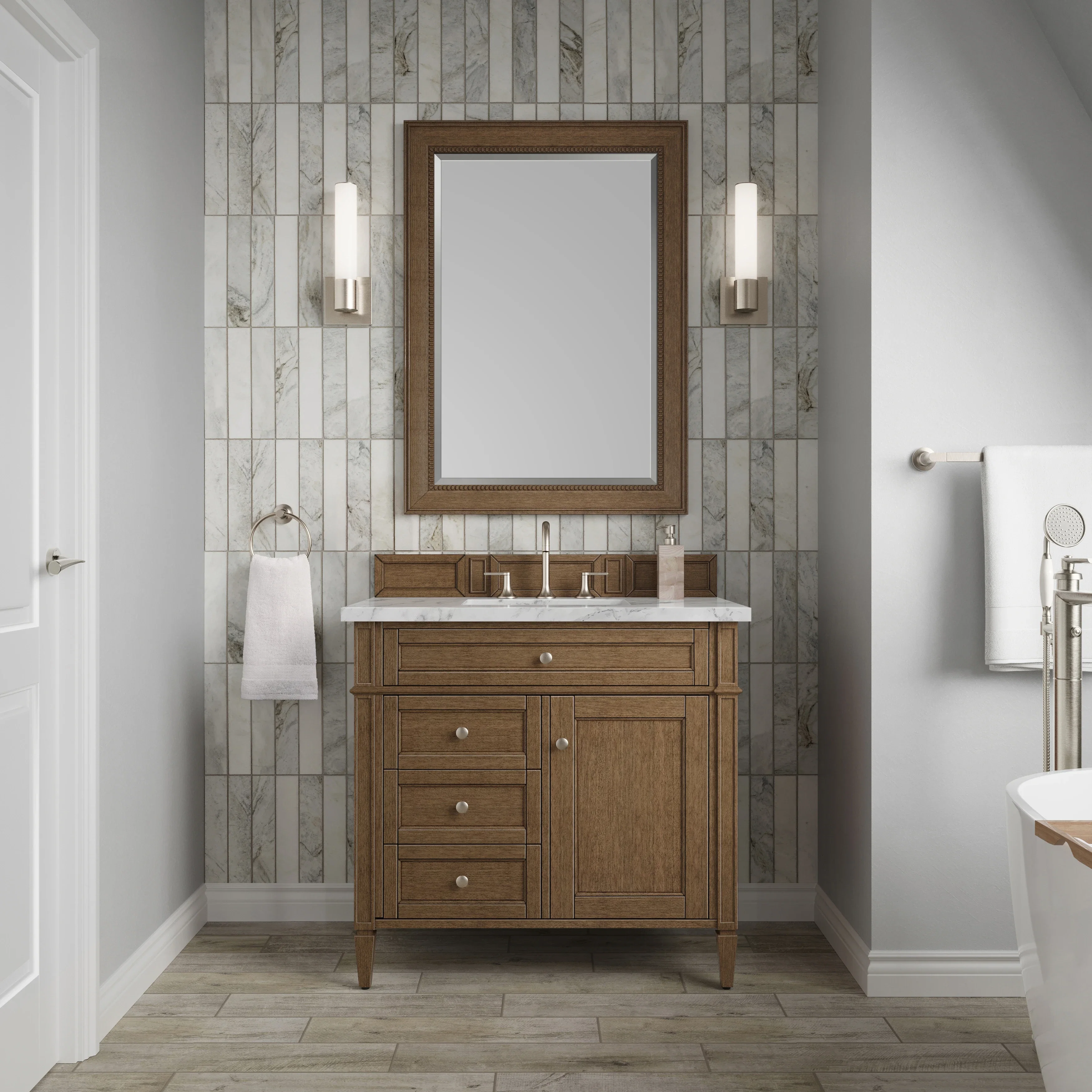 Brittany 36" Single Vanity, Saddle Brown w/ 3 CM Carrara Marble Top