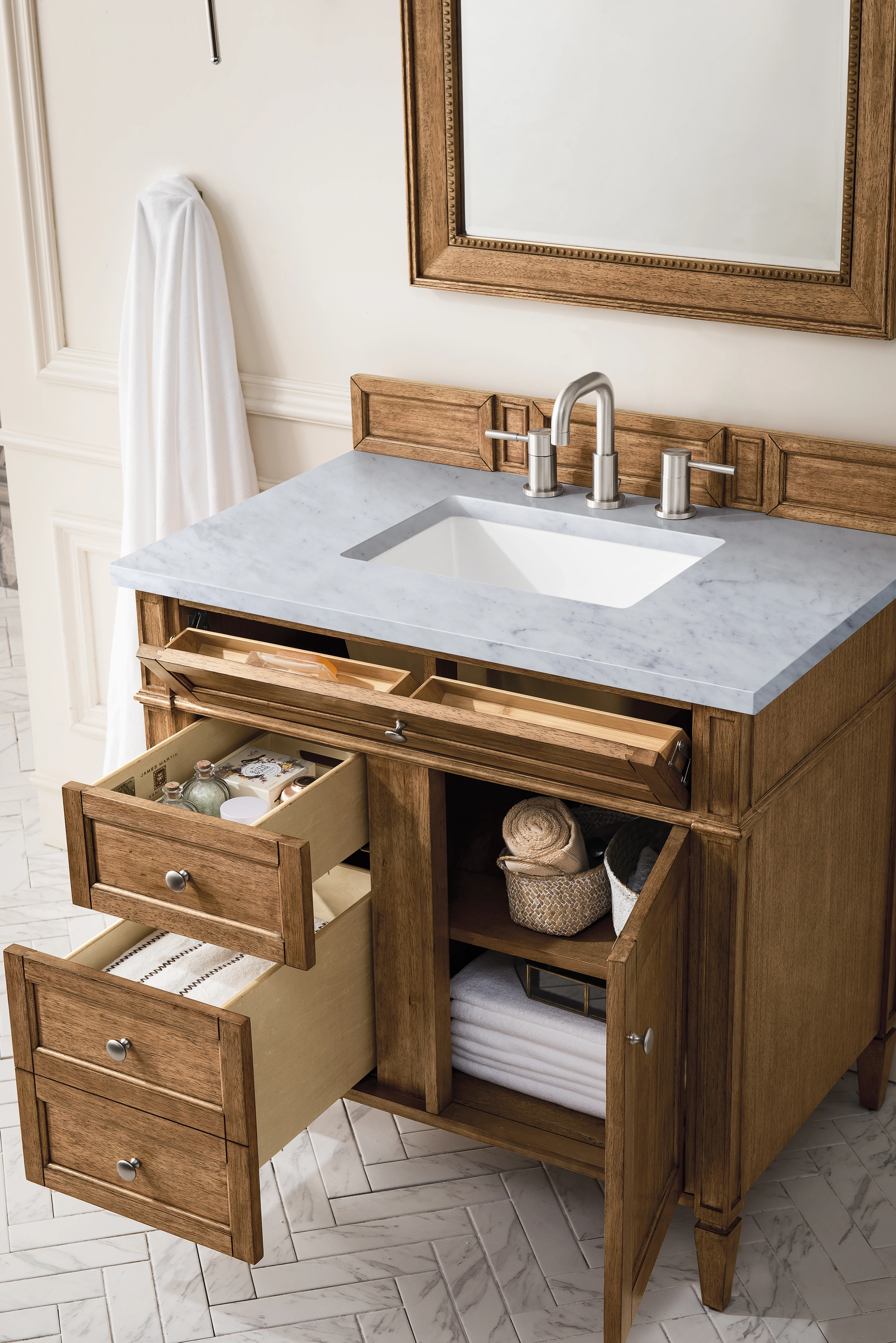Brittany 36" Single Vanity, Saddle Brown w/ 3 CM Carrara Marble Top